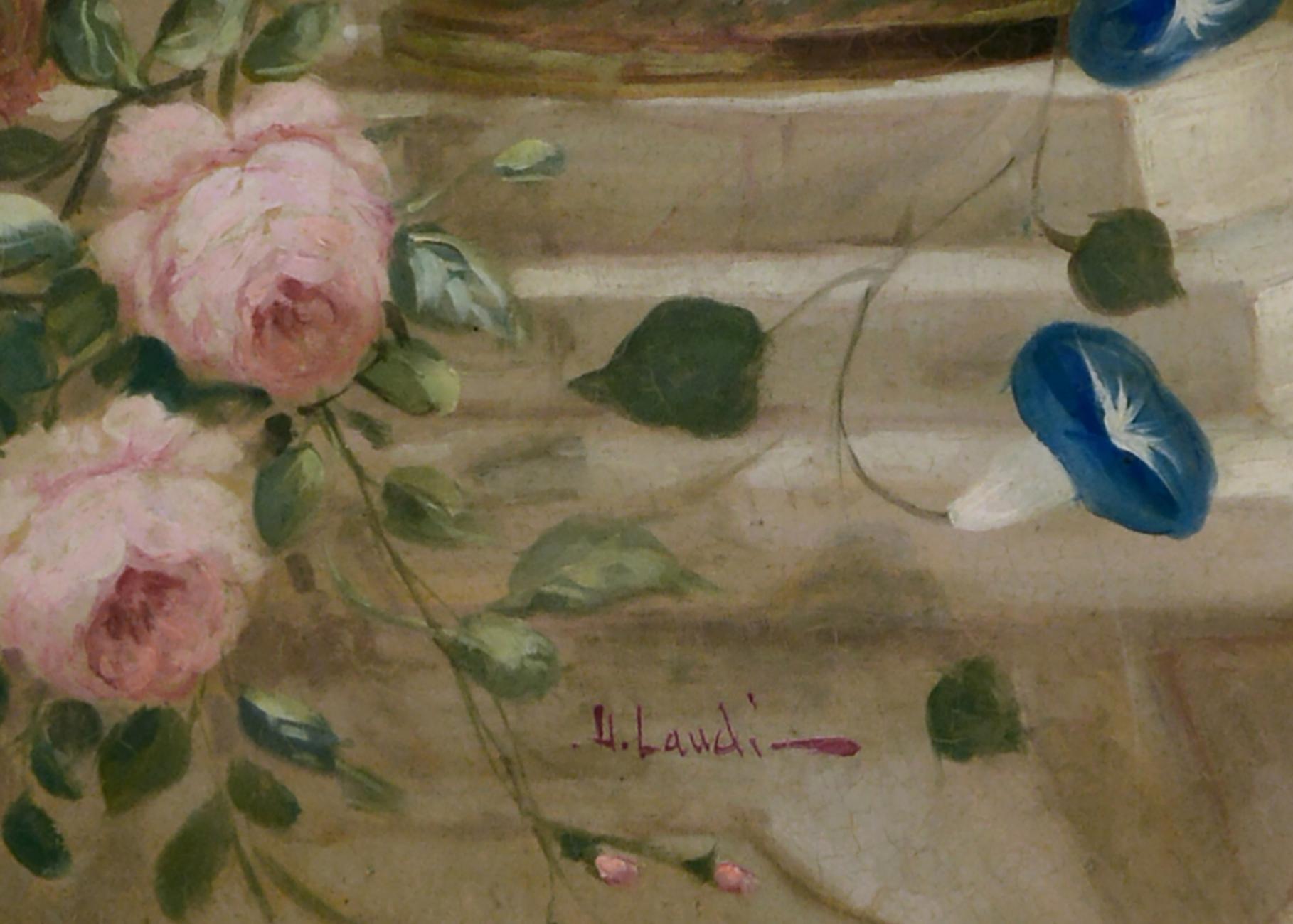 FLOWERS - Italian School -  Still Life Oil on Canvas Painting  - Brown Still-Life Painting by Vittorio Landi