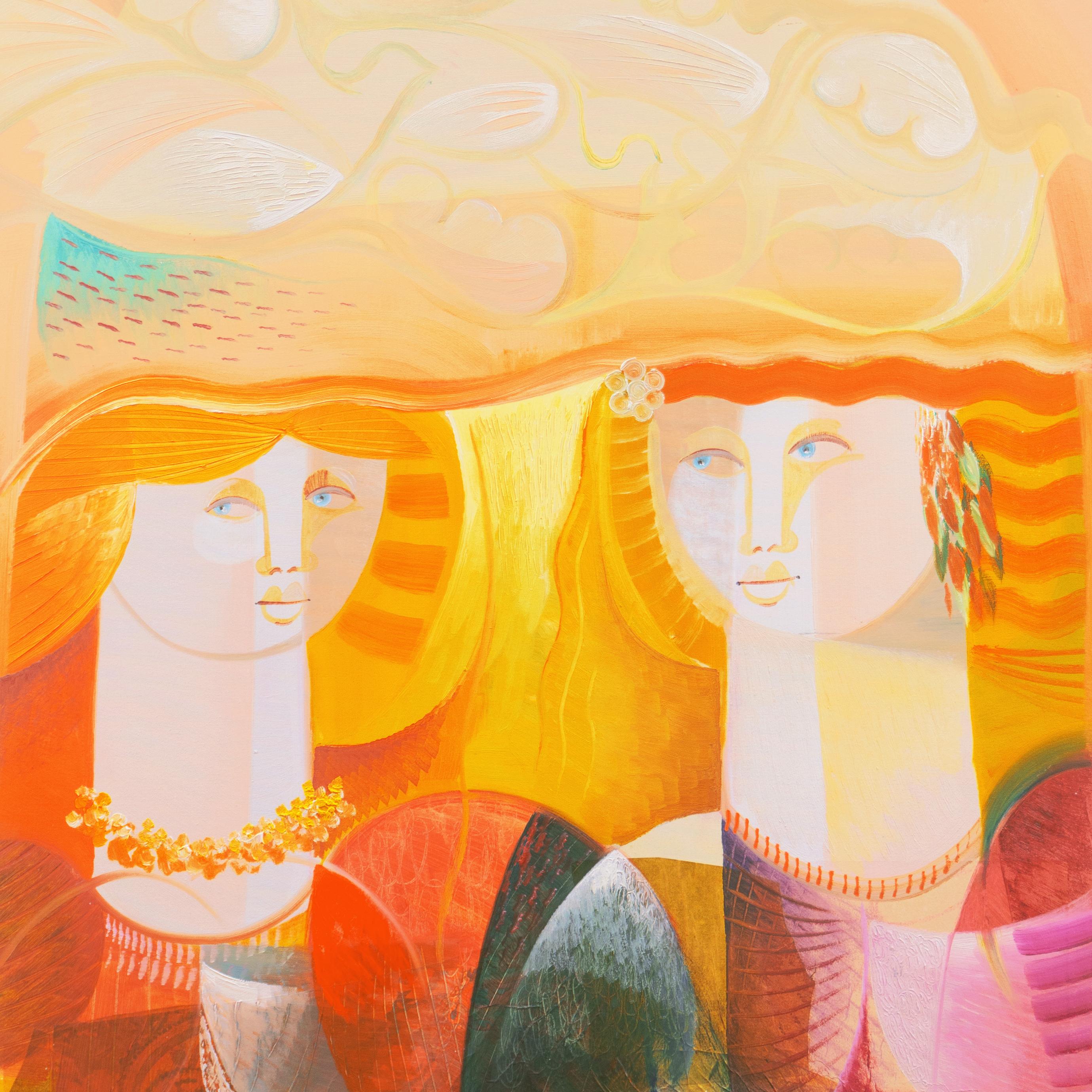 'Lovers beneath a Tree of Doves', New Figurative Movement, Italian Modernist Oil For Sale 2