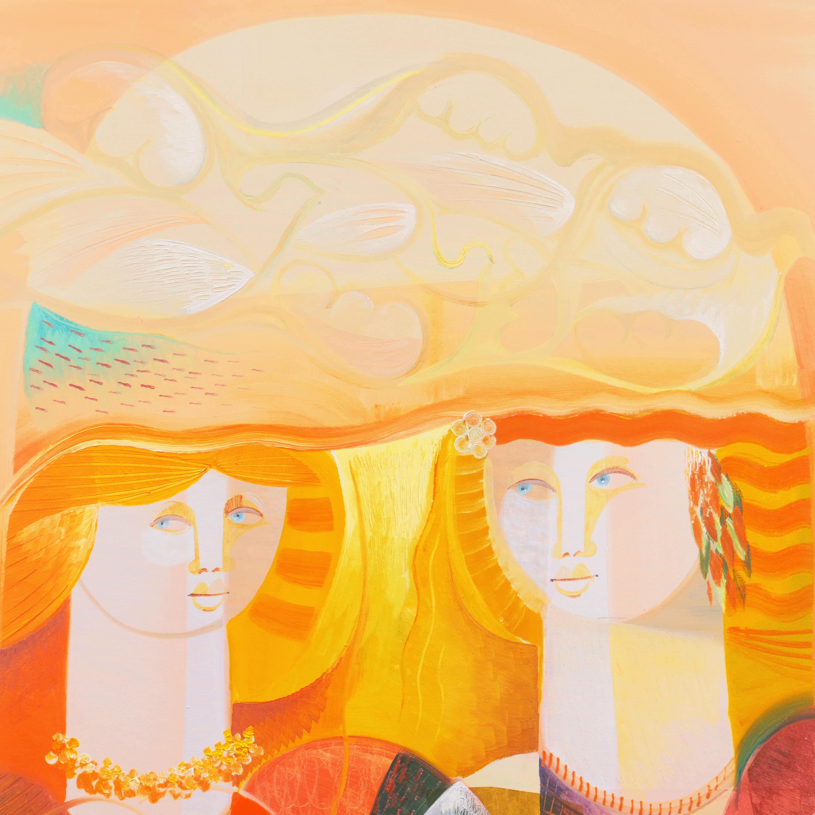 'Lovers beneath a Tree of Doves', New Figurative Movement, Italian Modernist Oil For Sale 5