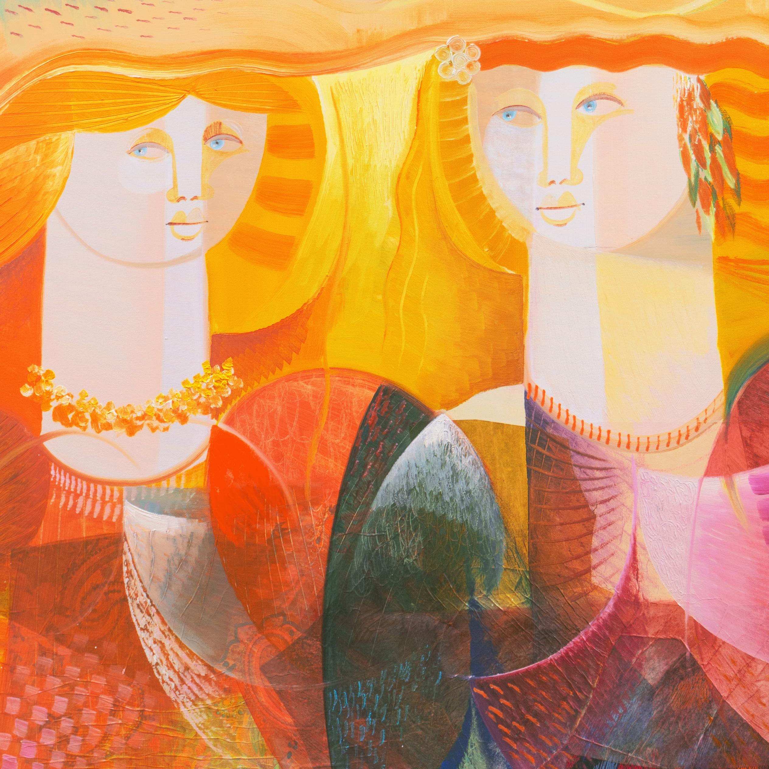 'Lovers beneath a Tree of Doves', New Figurative Movement, Italian Modernist Oil For Sale 6