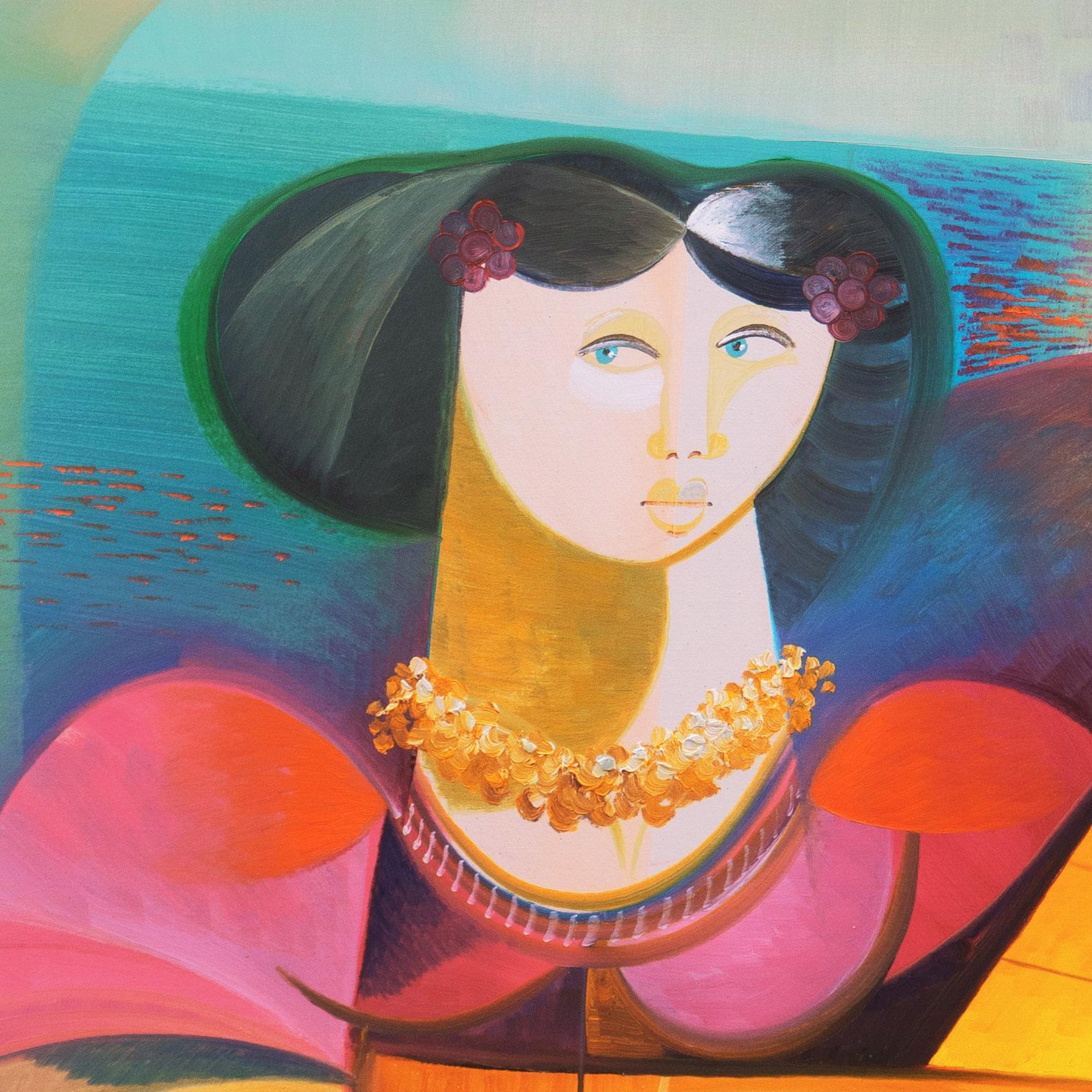 'Donna che suona il liuto', Nuovo Movimento Figurativo, Modernismo Italiano, Olio di grandi dimensioni - Figurative Painting Marrone di Vittorio Maria Di Carlo