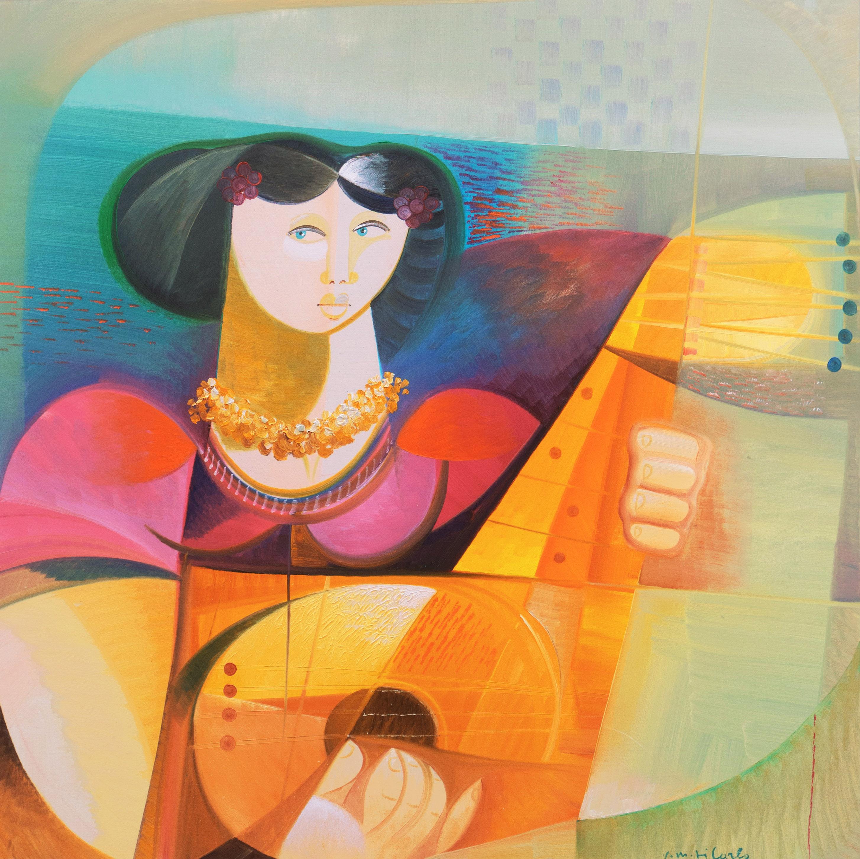 Figurative Painting di Vittorio Maria Di Carlo - 'Donna che suona il liuto', Nuovo Movimento Figurativo, Modernismo Italiano, Olio di grandi dimensioni