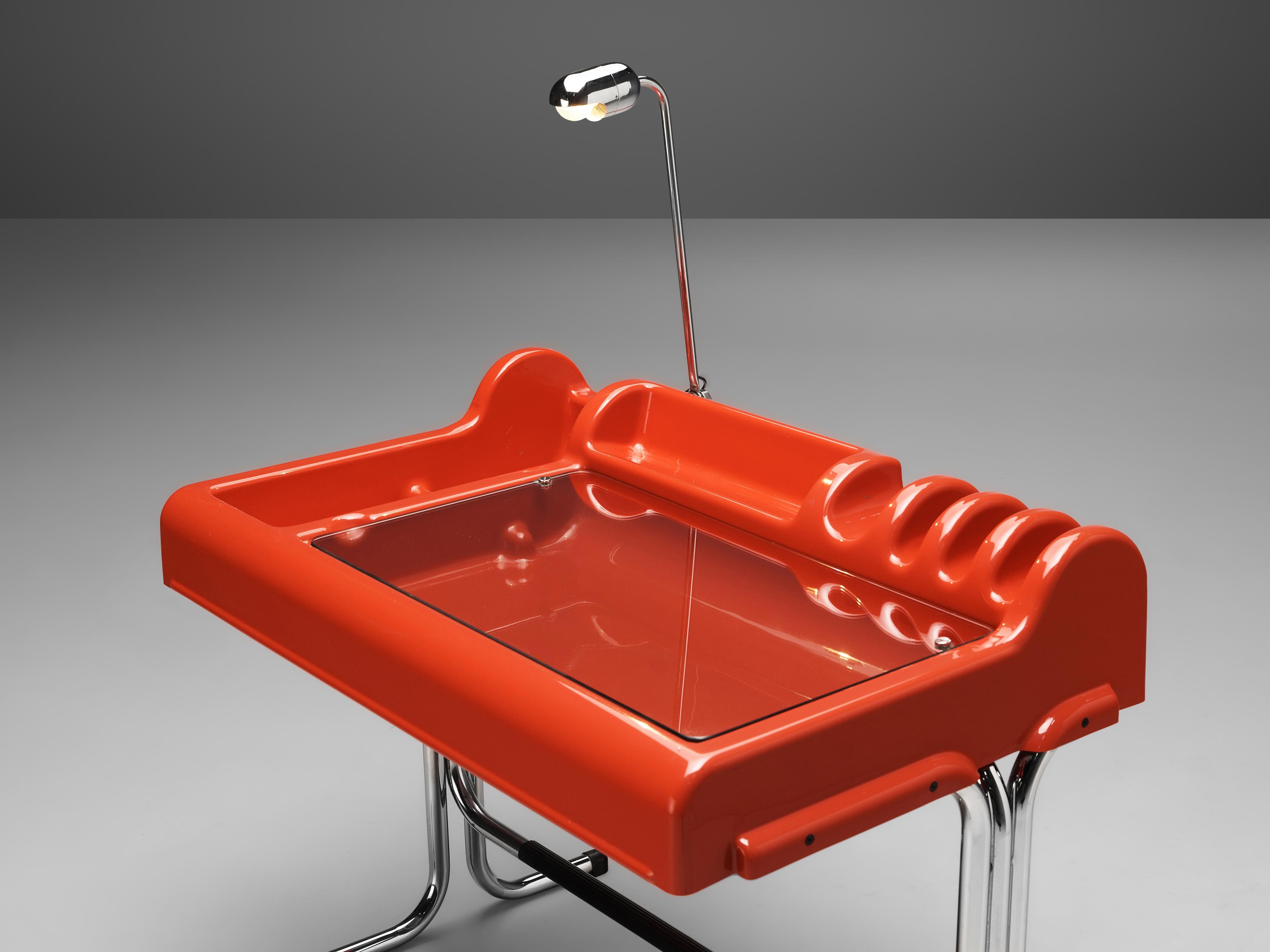 Vittorio Parigi and Nani Prina, 'Orix' desk with lamp, red polyester, chromed steel, glass, leatherette, Italy, 1970.

Postmodern 'Orix' writing desk with chair designed by Vittorio Parigi and Nani Prina. The set is executed in eye-catching red