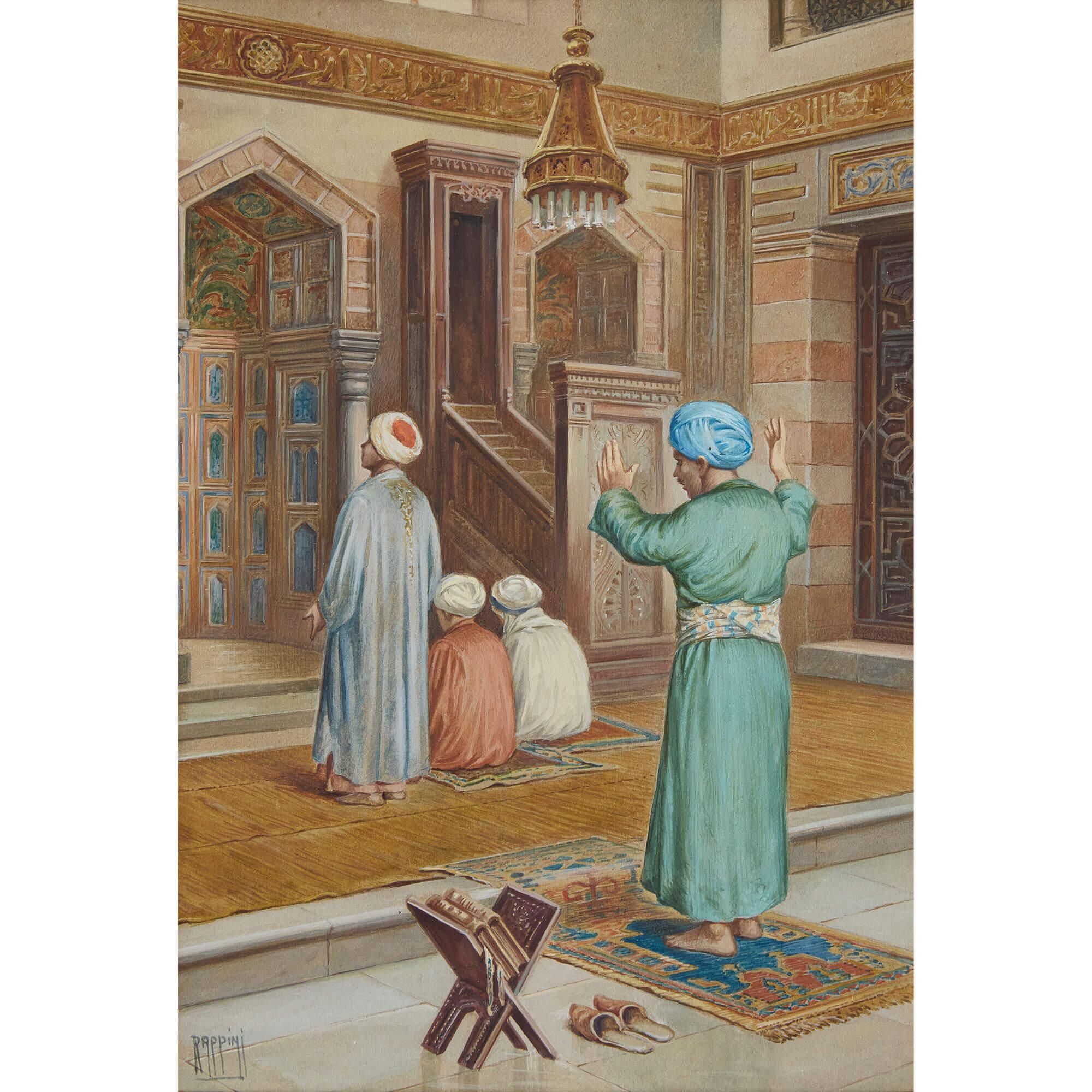 Orientalisches Aquarellgemälde von Muslimen im Gebet von Rappini – Painting von Vittorio Rappini
