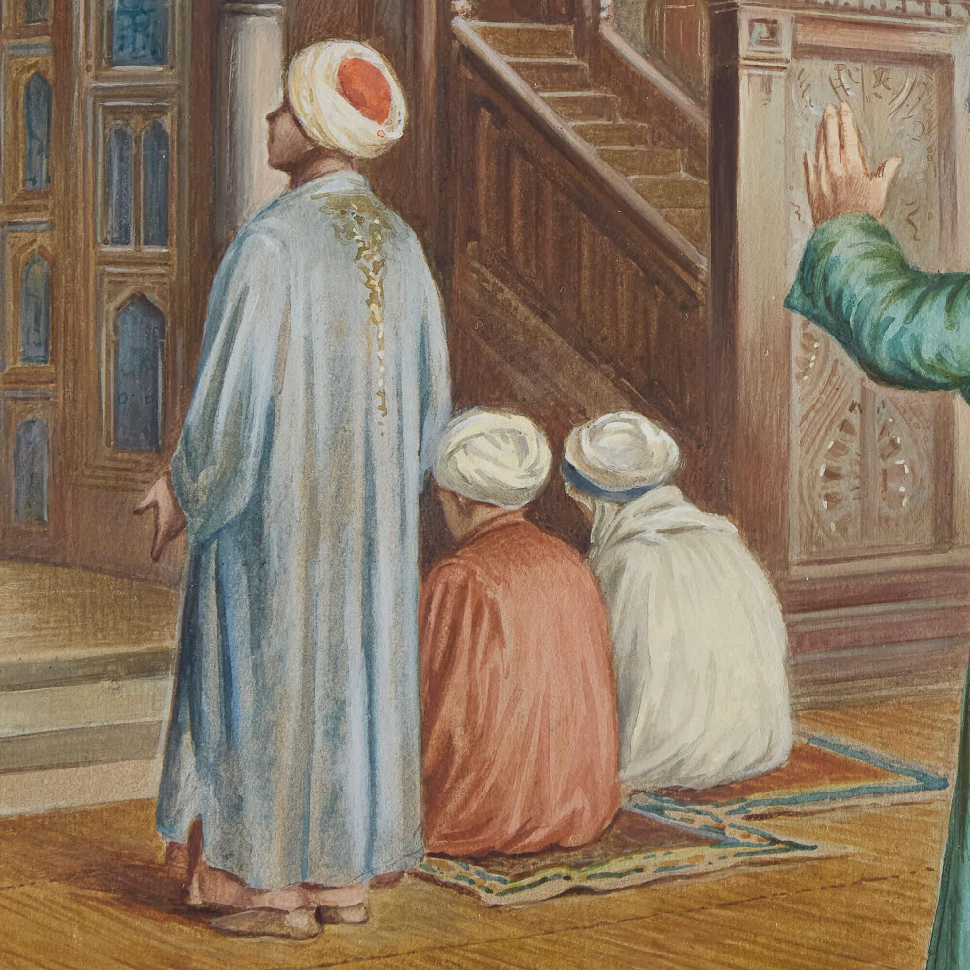 Orientalisches Aquarellgemälde von Muslimen im Gebet von Rappini (Braun), Figurative Painting, von Vittorio Rappini