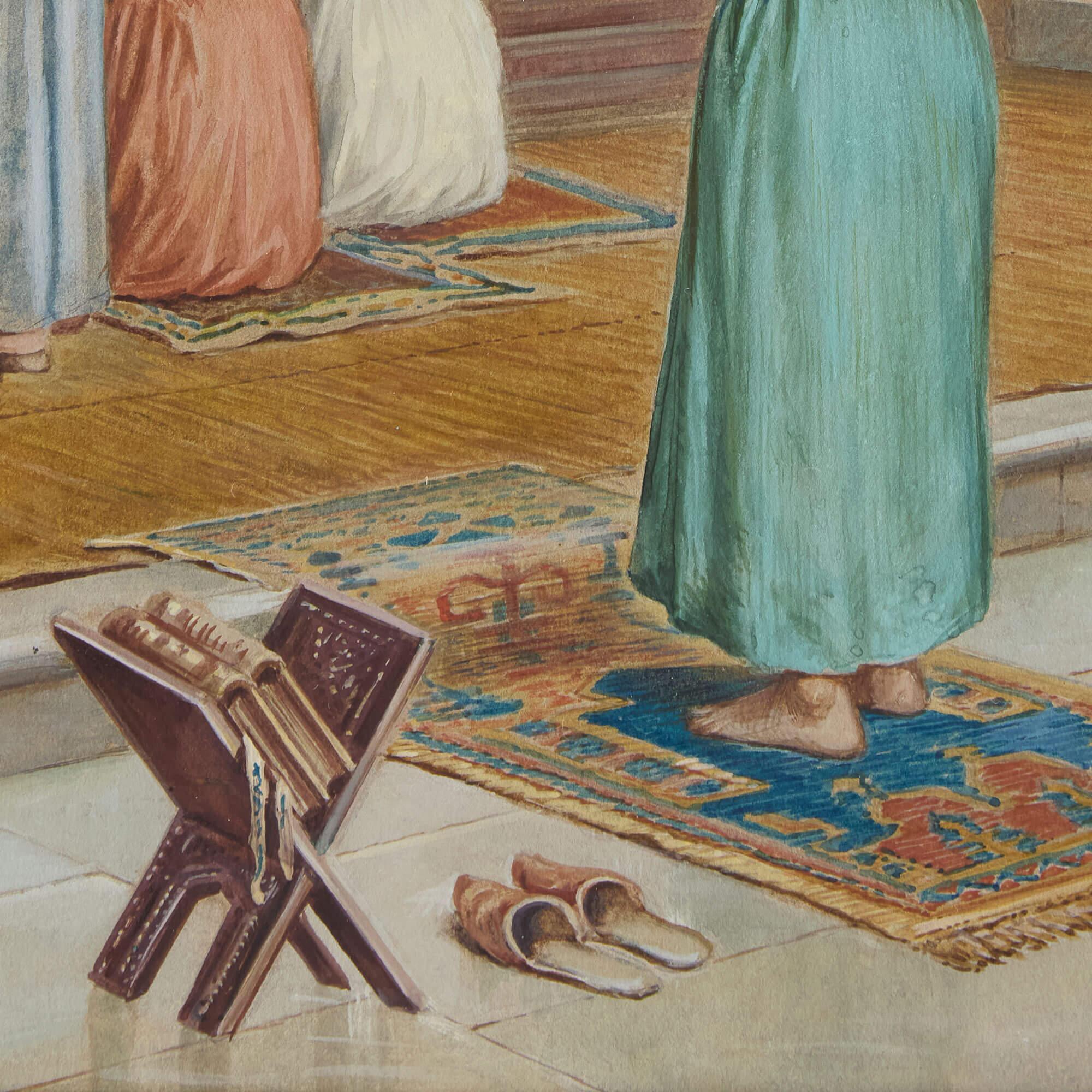Orientalisches Aquarell der Muslime beim Gebet von Rappini
Italienisch, Anfang 20. Jahrhundert
Papier: Höhe 34cm, Breite 23cm
Rahmen: Höhe 53cm, Breite 39cm, Tiefe 3cm

Diese charmante Szene ist ein Werk des italienischen Orientalisten Vittorio