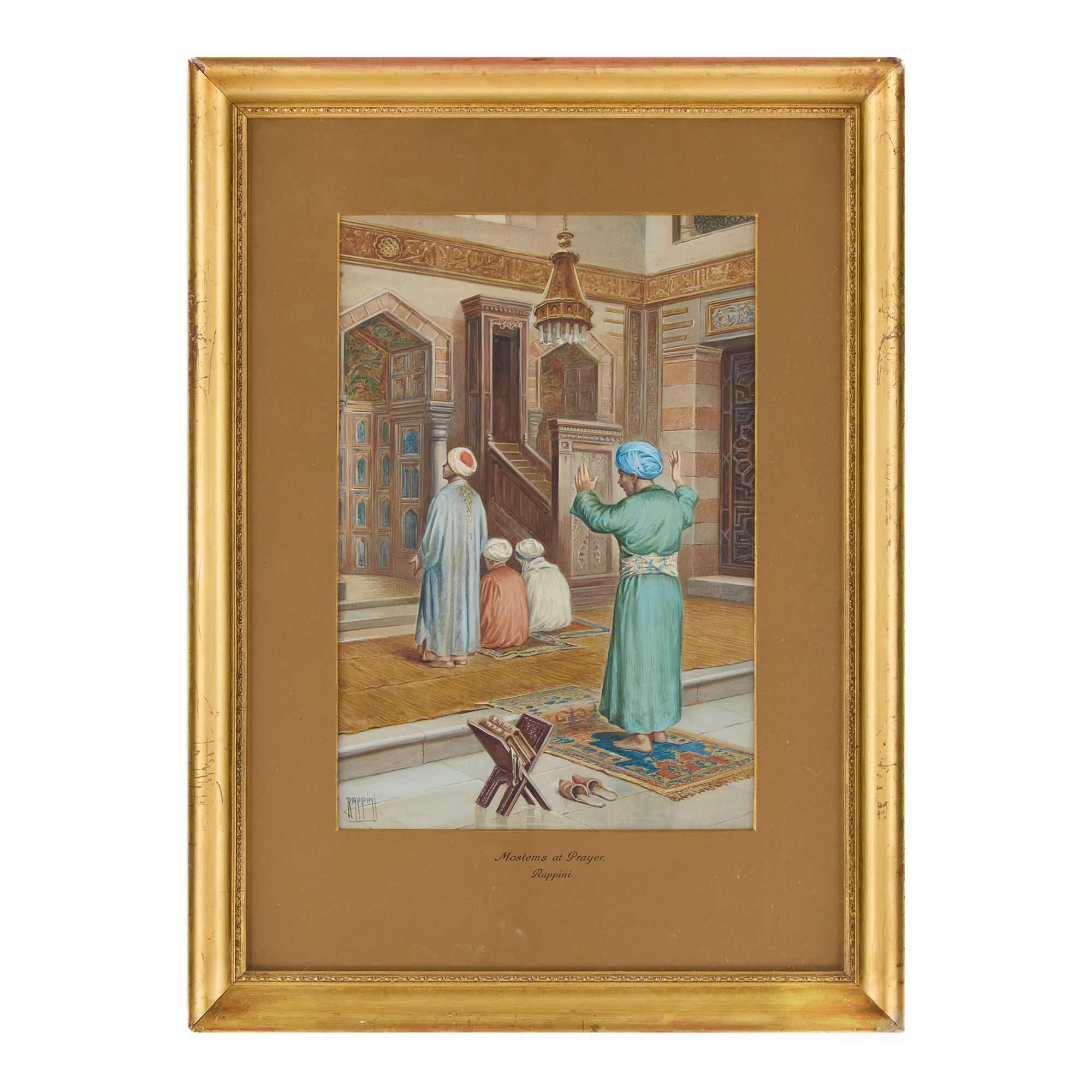 Orientalist Watercolour Painting of Muslims in Prayer by Rappini