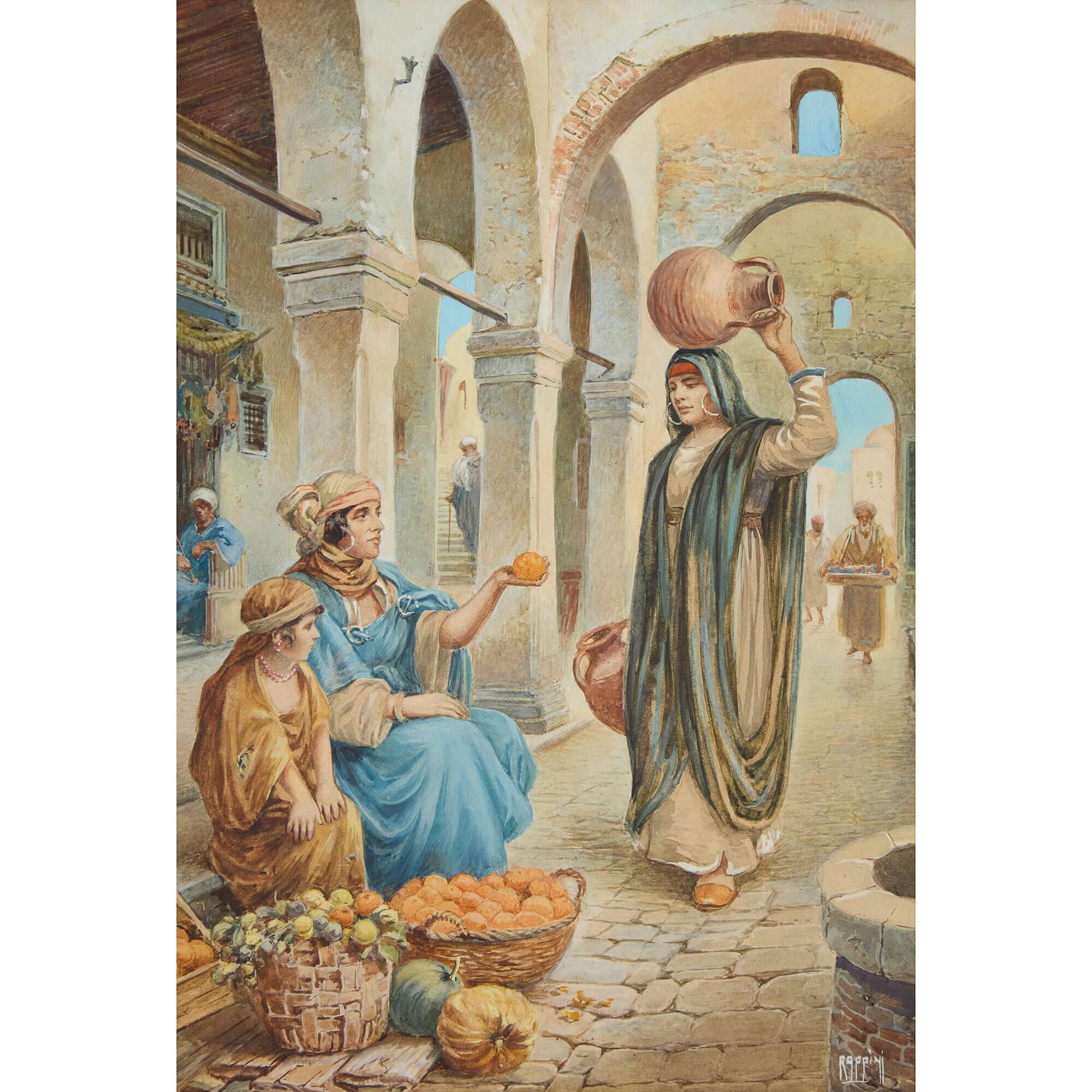 Conjunto de cuatro acuarelas de escenas callejeras orientalistas de Rappini - Painting de Vittorio Rappini