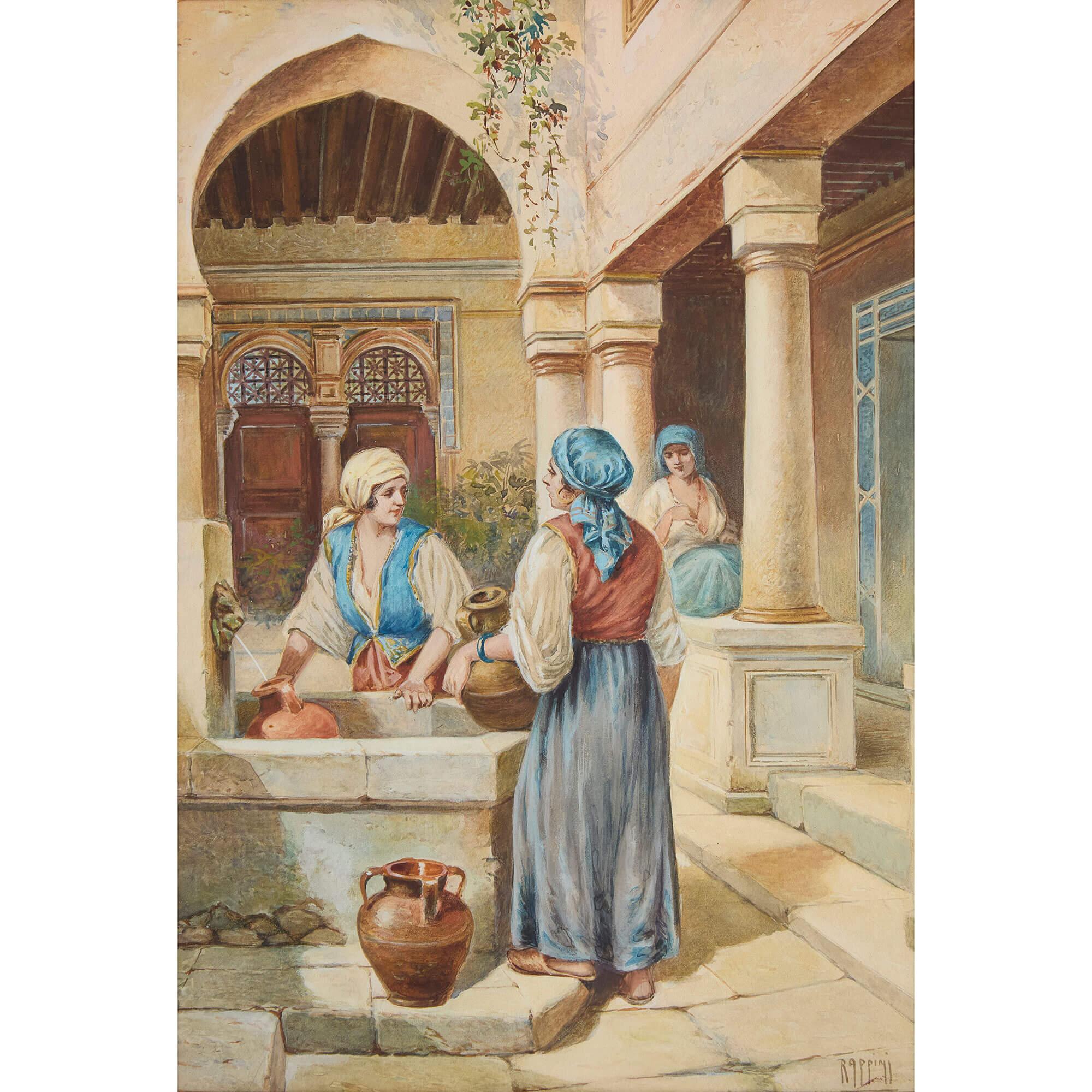Conjunto de cuatro acuarelas de escenas callejeras orientalistas de Rappini - Figurative Painting Marrón de Vittorio Rappini