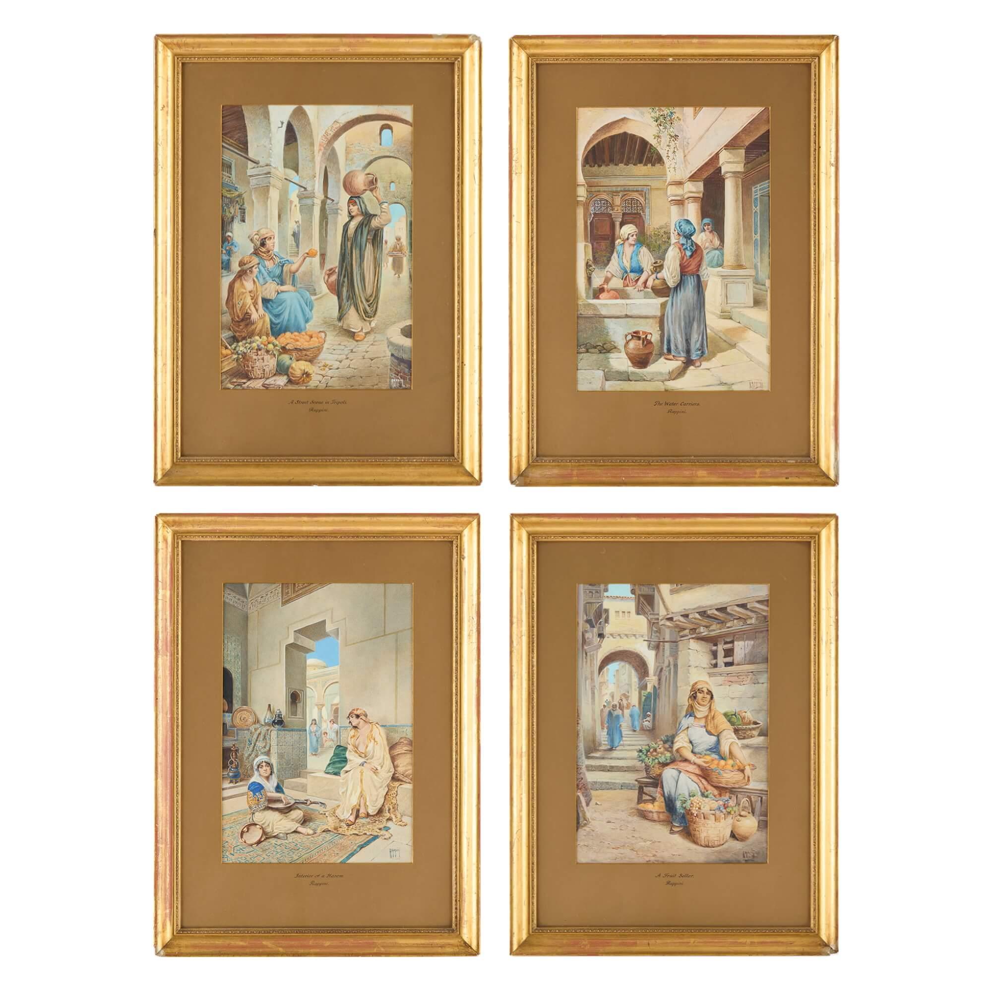 Figurative Painting de Vittorio Rappini - Conjunto de cuatro acuarelas de escenas callejeras orientalistas de Rappini