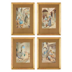 Set di quattro acquerelli di scene di strada orientaliste di Rappini