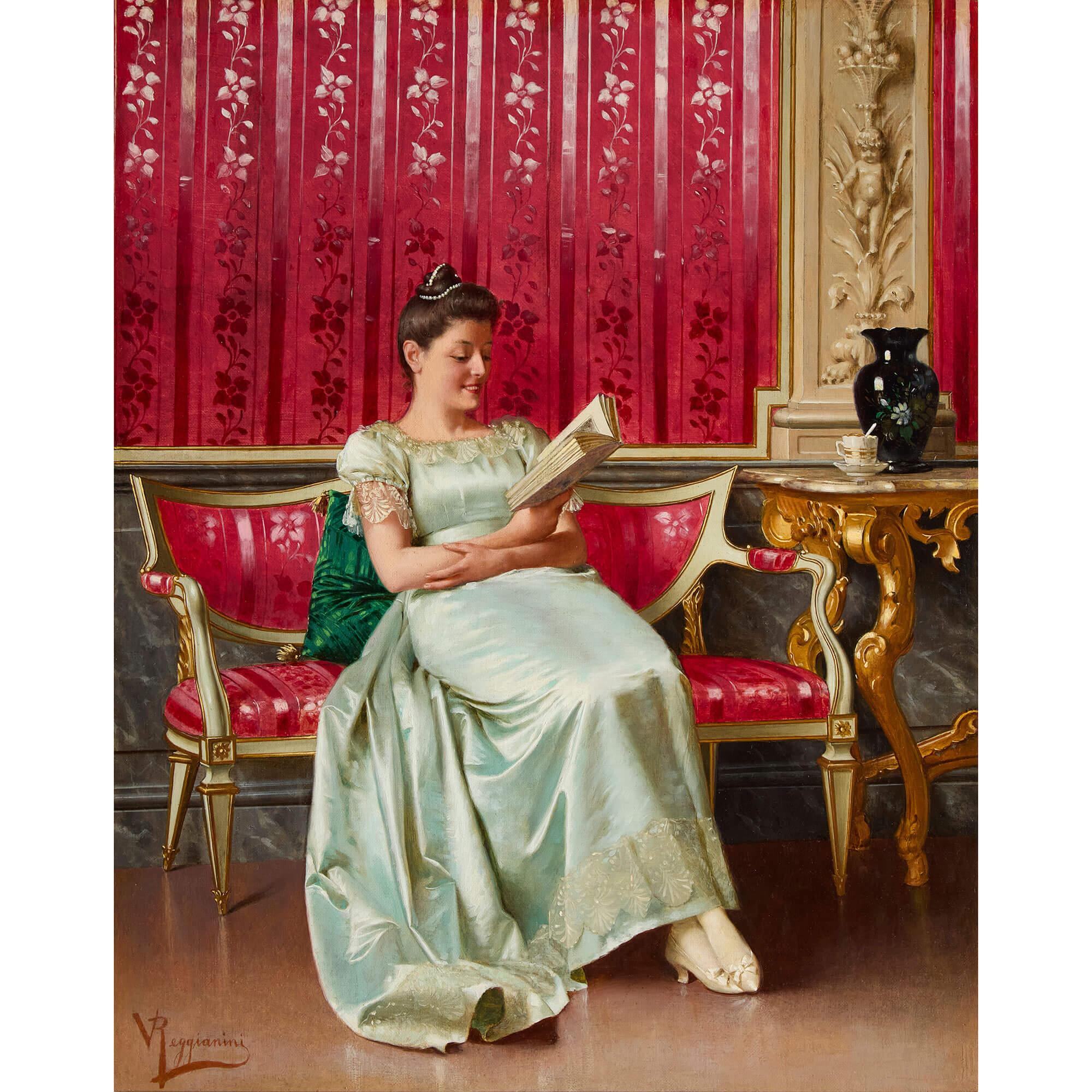 Óleo italiano antiguo de una dama leyendo, por Reggianini - Painting de Vittorio Reggianini
