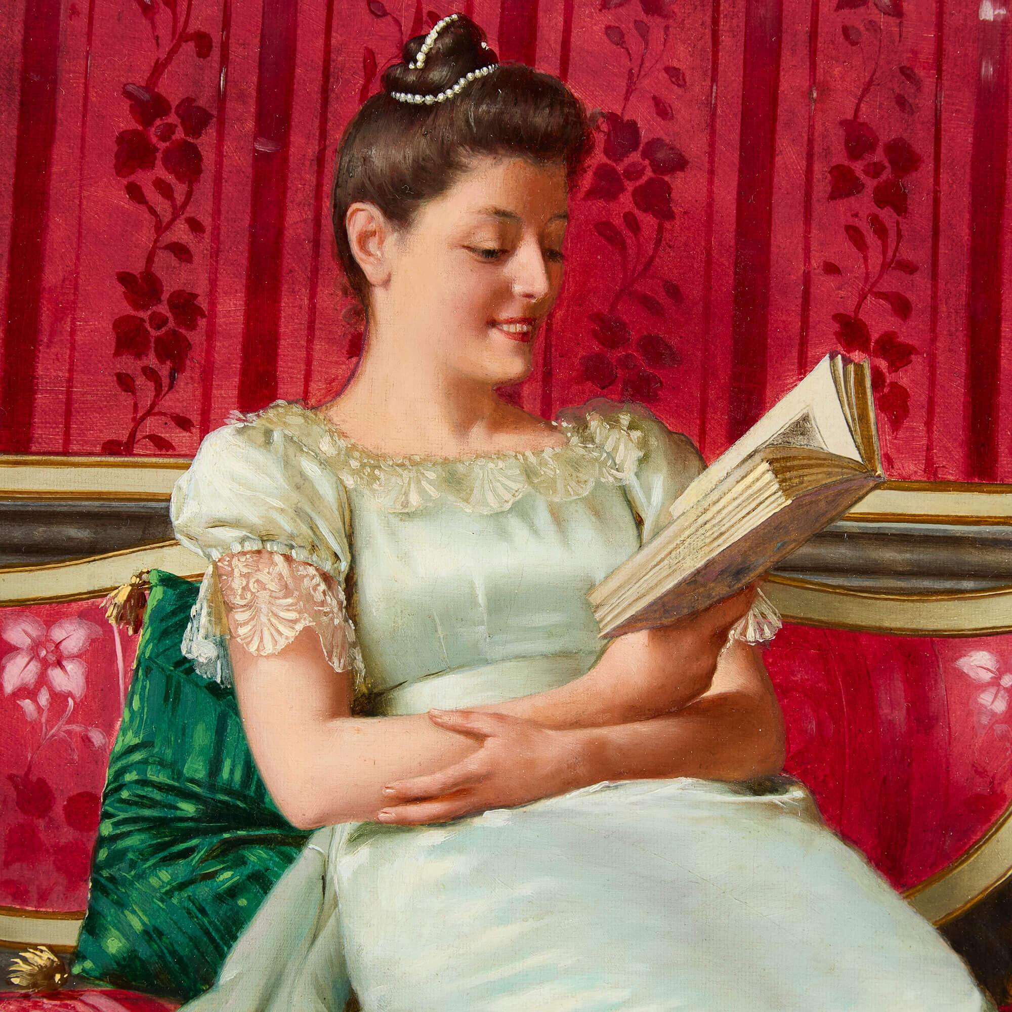 Óleo italiano antiguo de una dama leyendo, por Reggianini - Figurative Painting Marrón de Vittorio Reggianini