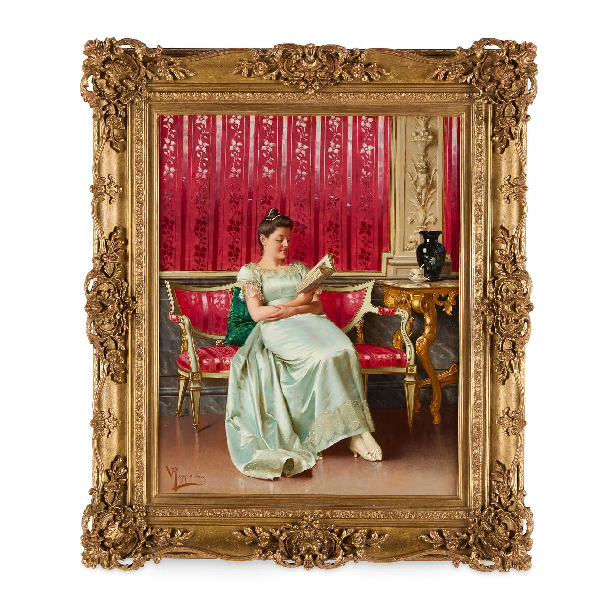 Figurative Painting de Vittorio Reggianini - Óleo italiano antiguo de una dama leyendo, por Reggianini