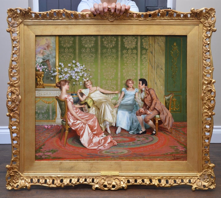 Vittorio Reggianini Figurative Painting - Casanova - 19th Century Oil Painting of Three Young Parisian Beauties & Lothario