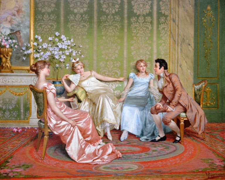 Casanova - 19th Century Oil Painting of Three Young Parisian Beauties & Lothario - Brown Figurative Painting by Vittorio Reggianini