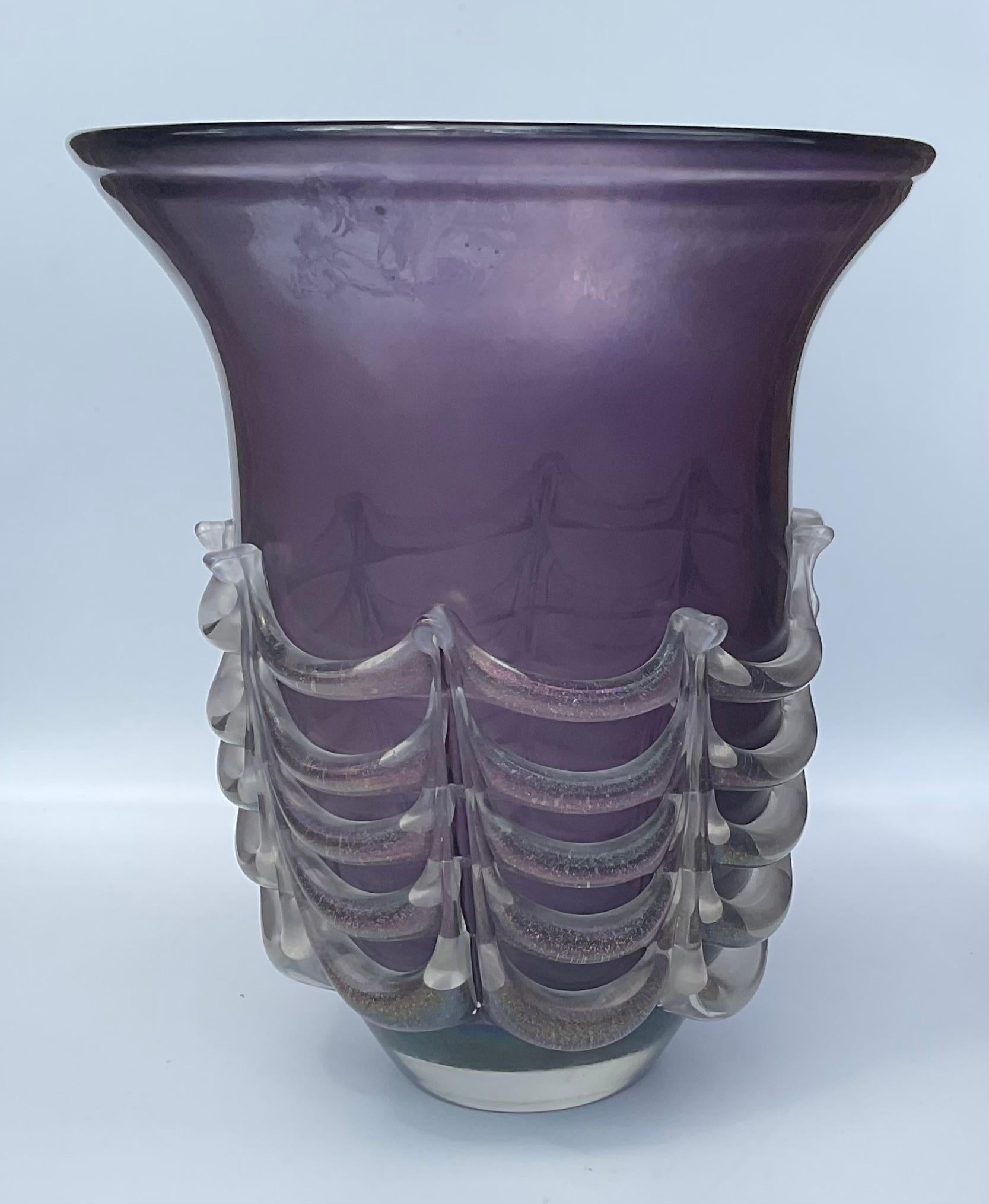 Mid-Century Modern Vittorio Rigattieri Large Purple Irredescent Murano Art Glass Vase Applied Swags For Sale