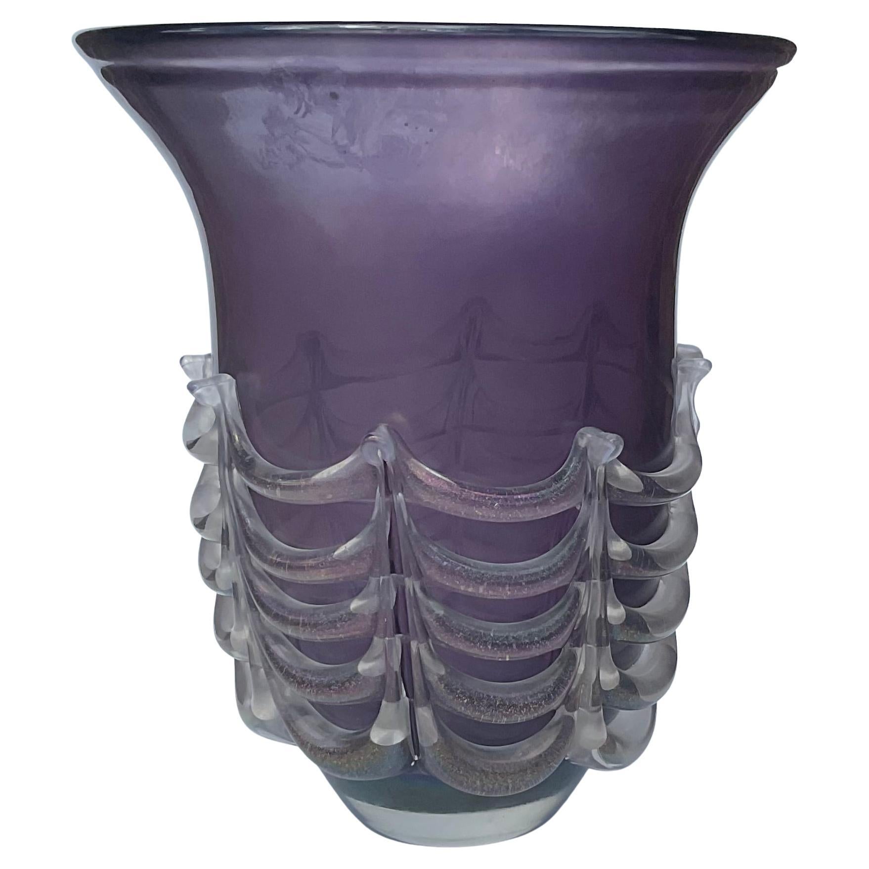Vittorio Rigattieri Large Purple Irredescent Murano Art Glass Vase Applied Swags For Sale