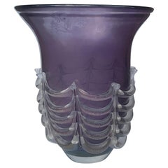 Vittorio Rigattieri Large Purple Irredescent Murano Art Glass Vase Applied Swags
