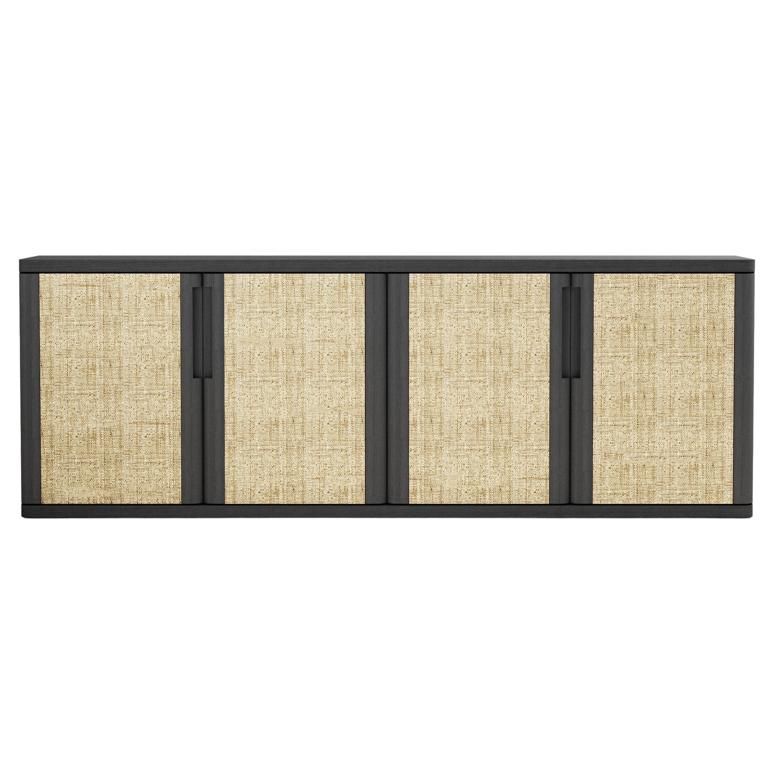 Aparador Vittorio en madera de fresno negro y cuero negro