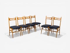 Vittorio Vago Mobili, Six Dining Chairs, Fruitwood, Fabric, Italy, 1960s
