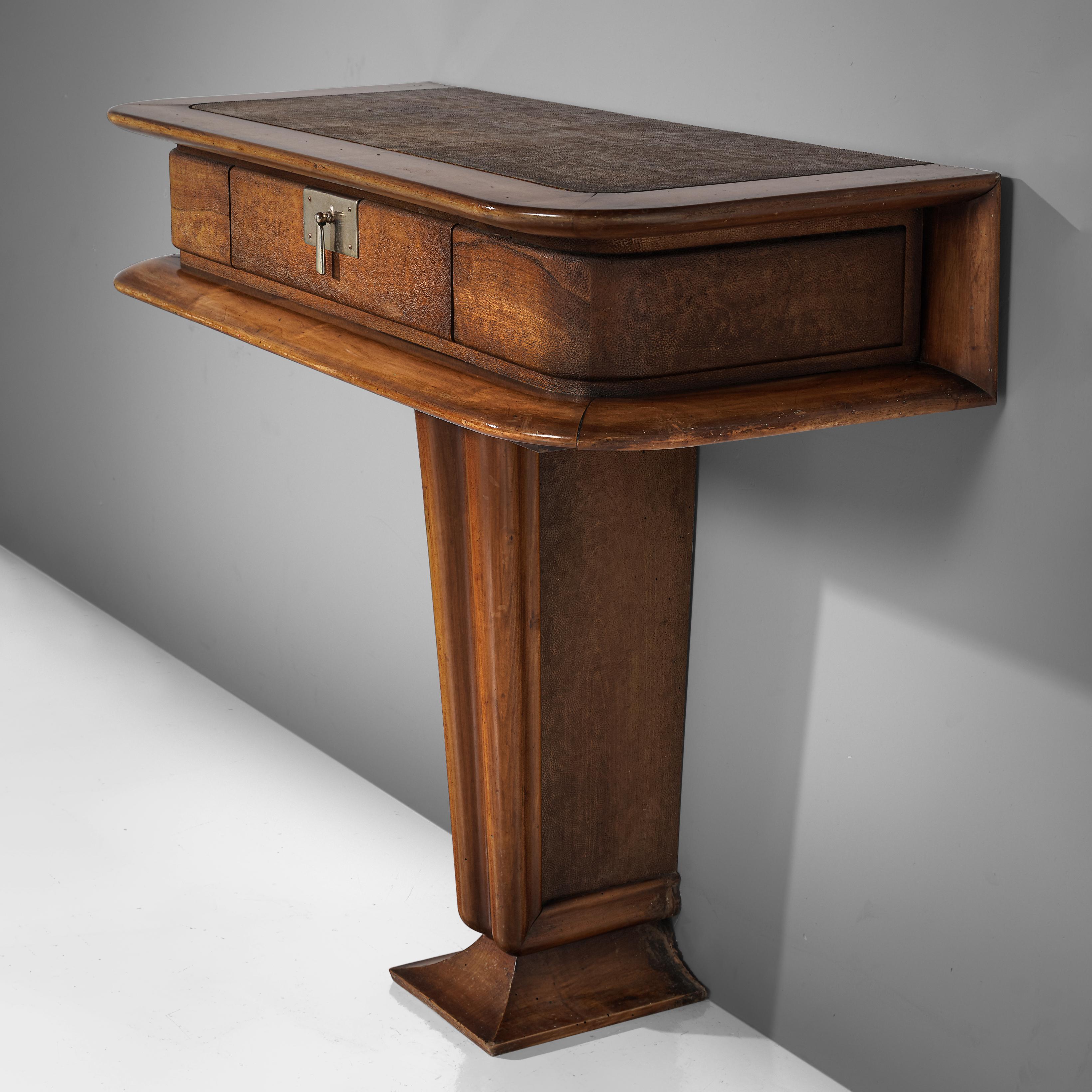 Italian Vittorio Valabrega Console with Drawer in Leather and Walnut