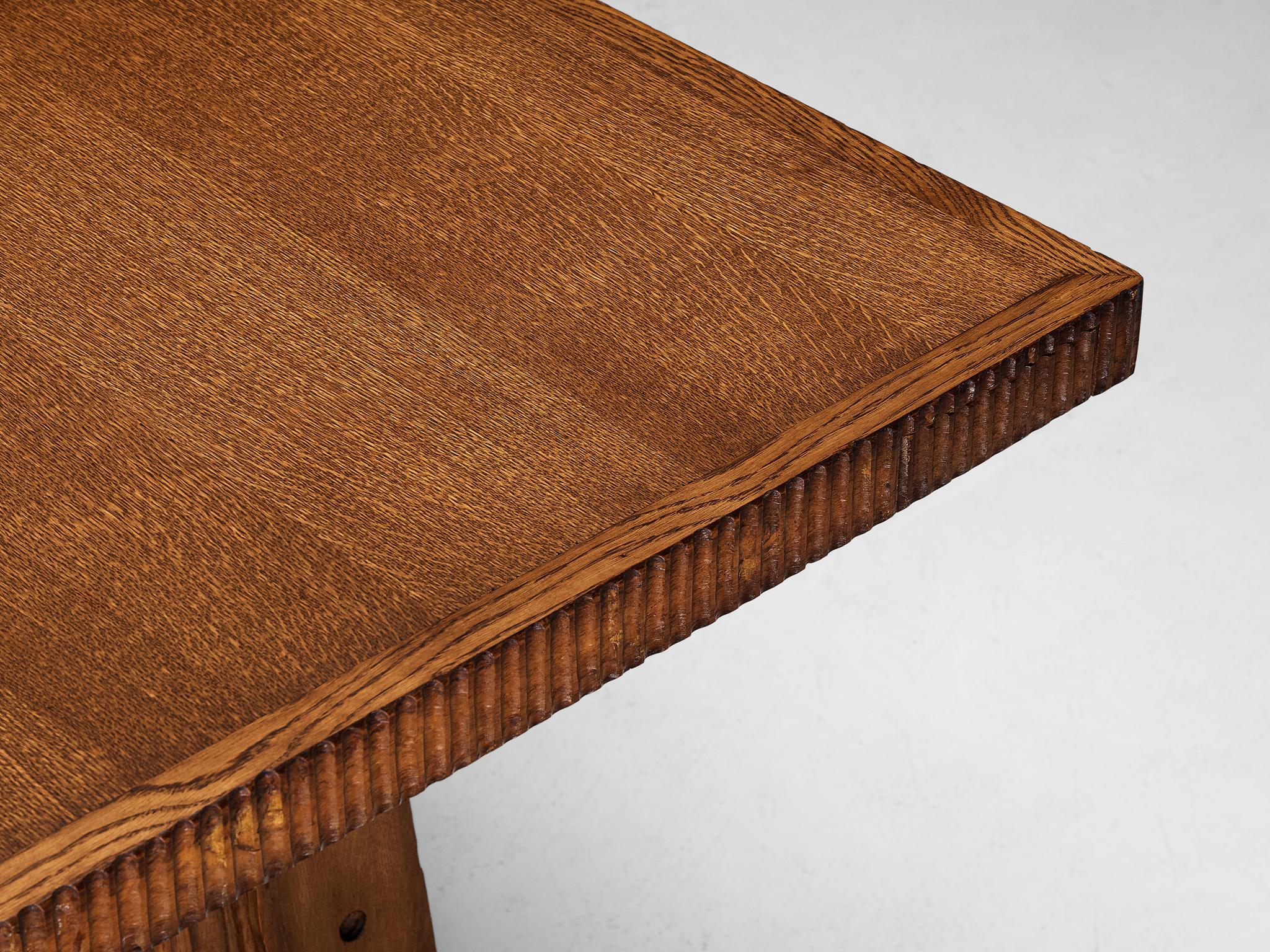 Leather Vittorio Valabrega Dining Table in Oak with Intricate Carvings 