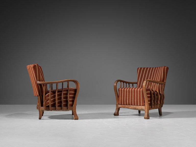 Art Deco Vittorio Valabrega Pair of Armchairs in Oak and Striped Upholstery For Sale