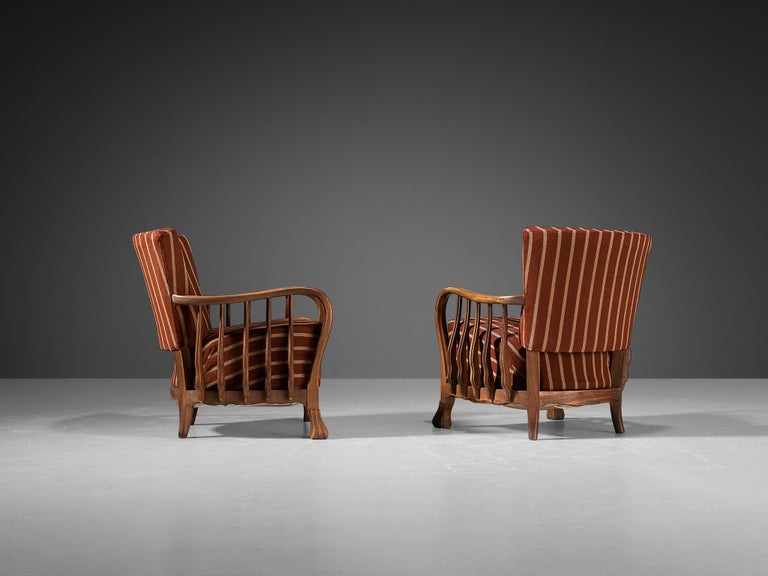 Fabric Vittorio Valabrega Pair of Armchairs in Oak and Striped Upholstery For Sale