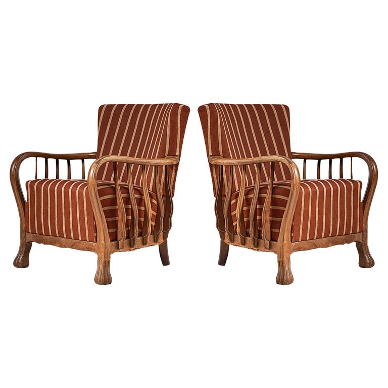 Vittorio Valabrega Pair of Armchairs in Oak and Striped Upholstery For Sale