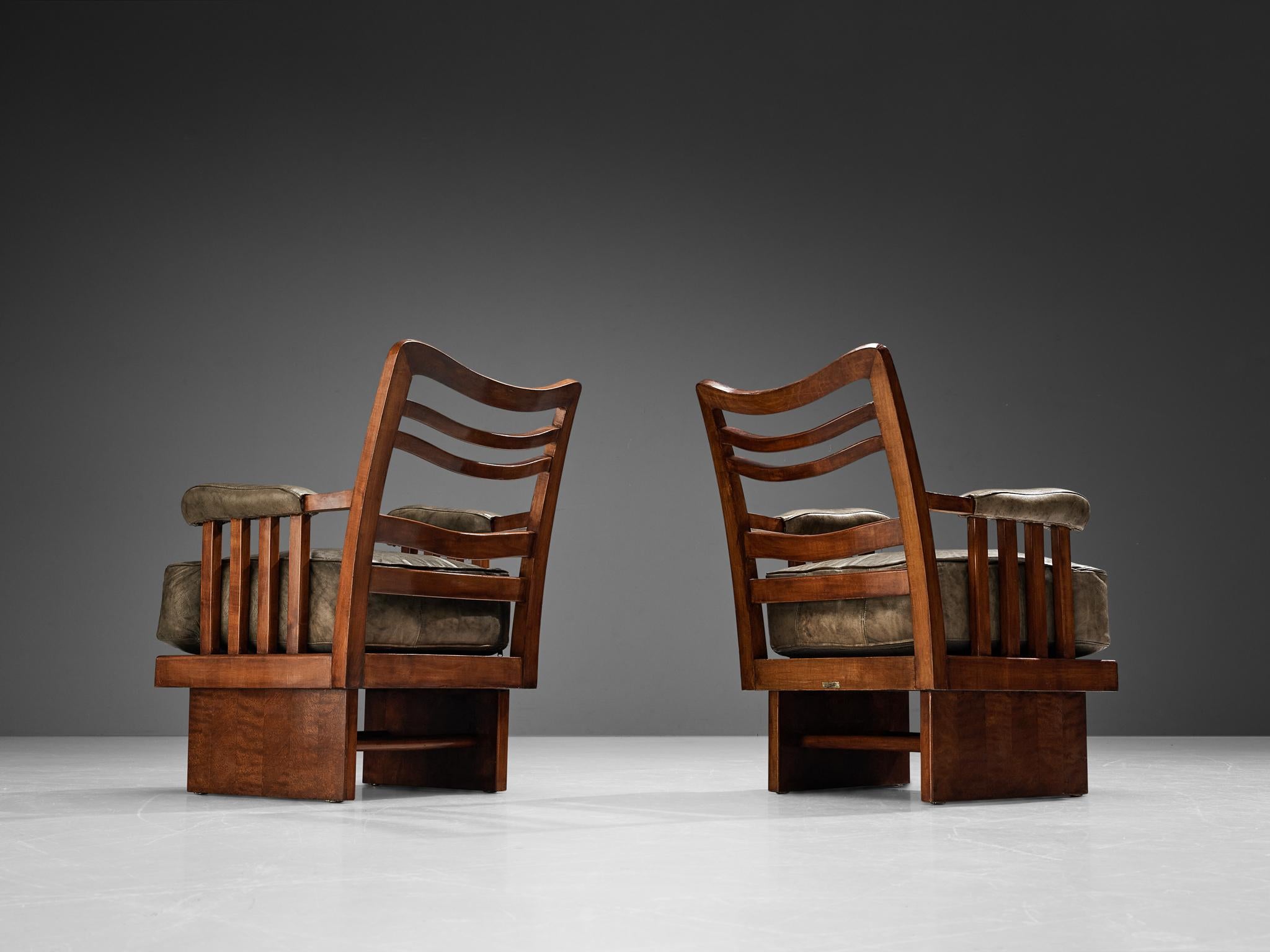 Art Deco Vittorio Valabrega Pair of Lounge Chairs in Walnut and Leather