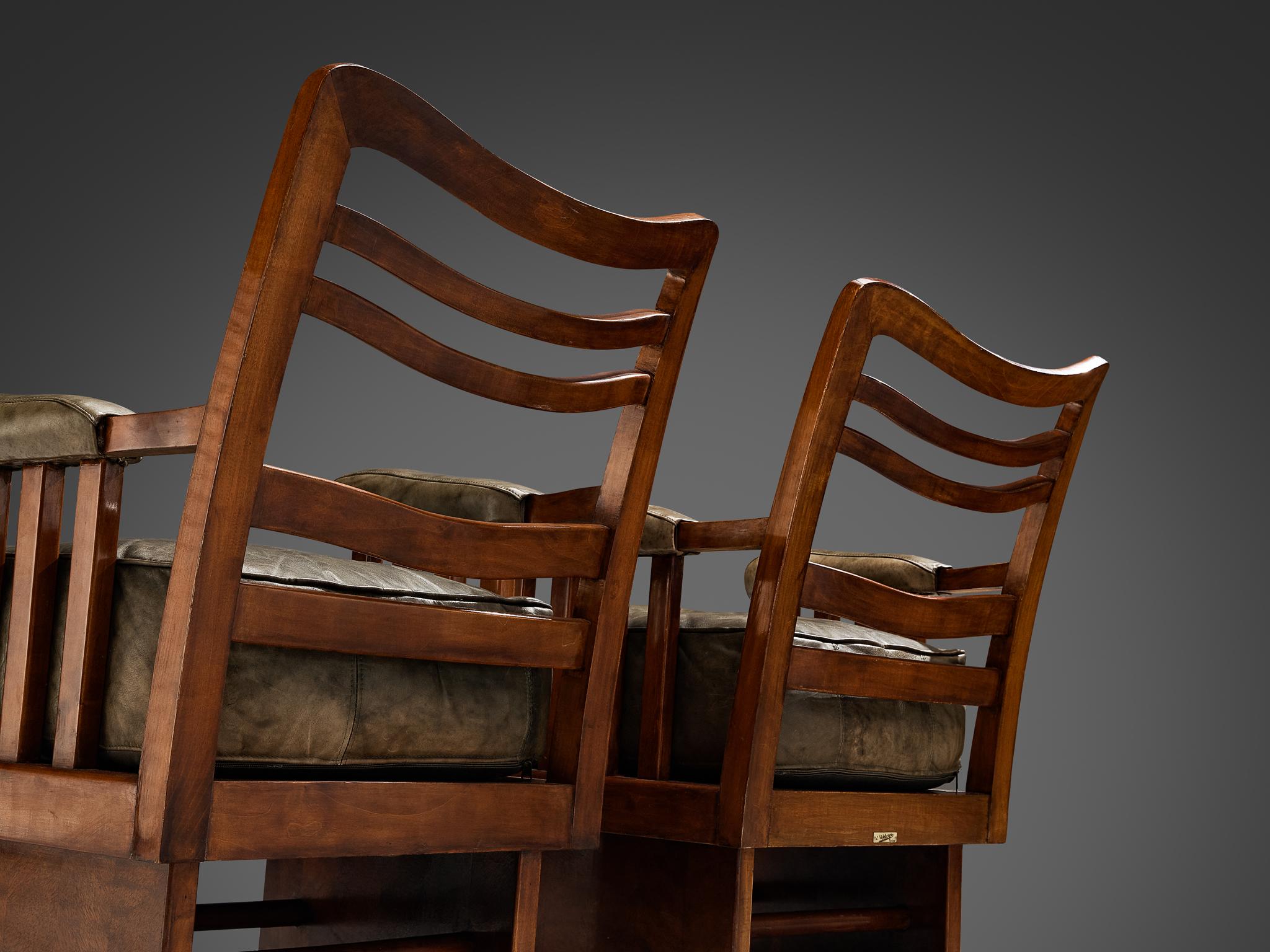 Early 20th Century Vittorio Valabrega Pair of Lounge Chairs in Walnut and Leather