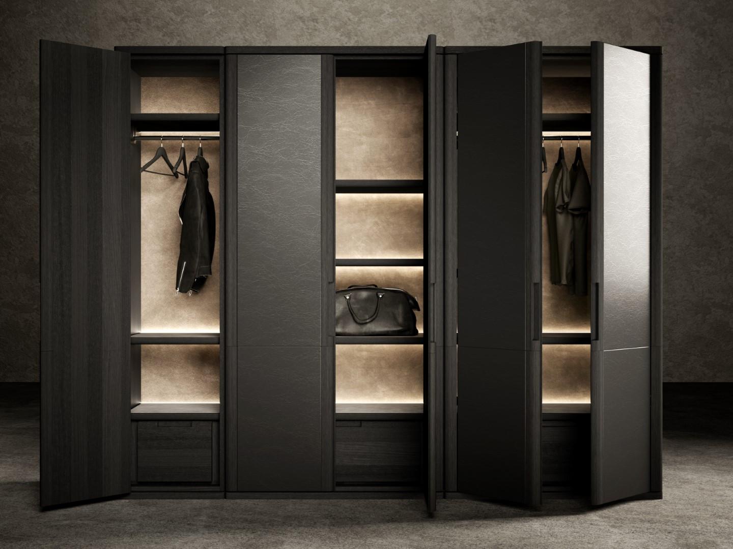 The Vittorio wardrobe is a modular storage unit, available in two versions, 60 cm and 120 cm wide, which can be placed side by side.
The structure in sandblasted black ash wood is entirely customisable, starting from the doors that can be covered in