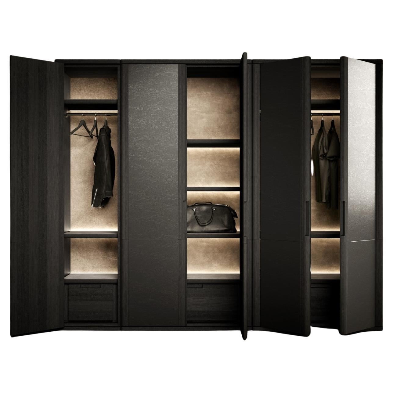 Vittorio Wardrobe in Black Ash Wood and velvet interior