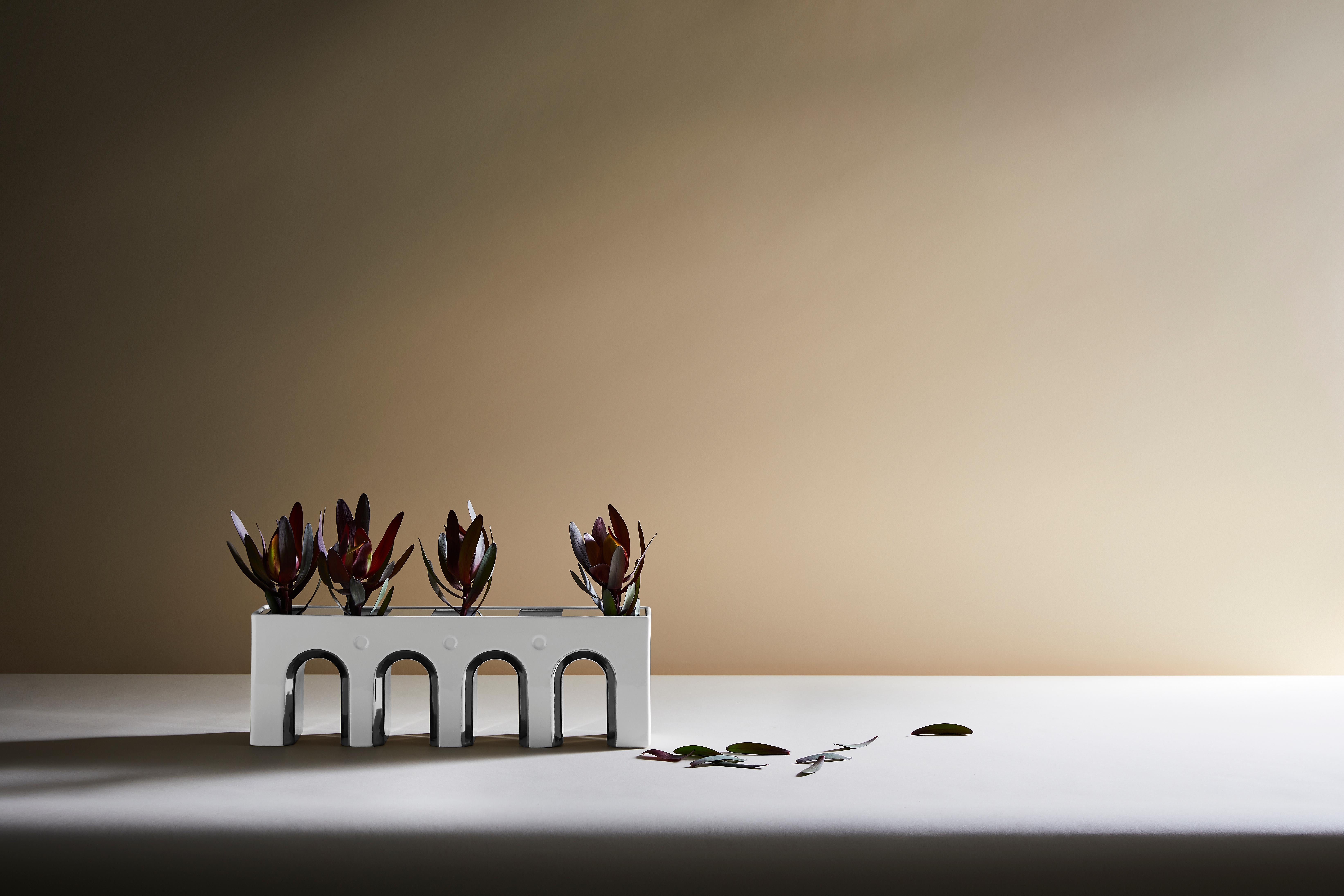 Contemporary Vittorio White Ceramic and Platinum Details Handcrafted Flower Vase For Sale