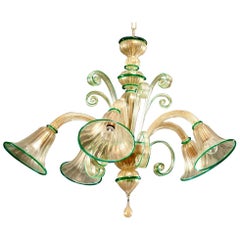 Vittorio Zecchin for MVM Cappellin Murano Chandelier 24 K Gold Spek Green Rim