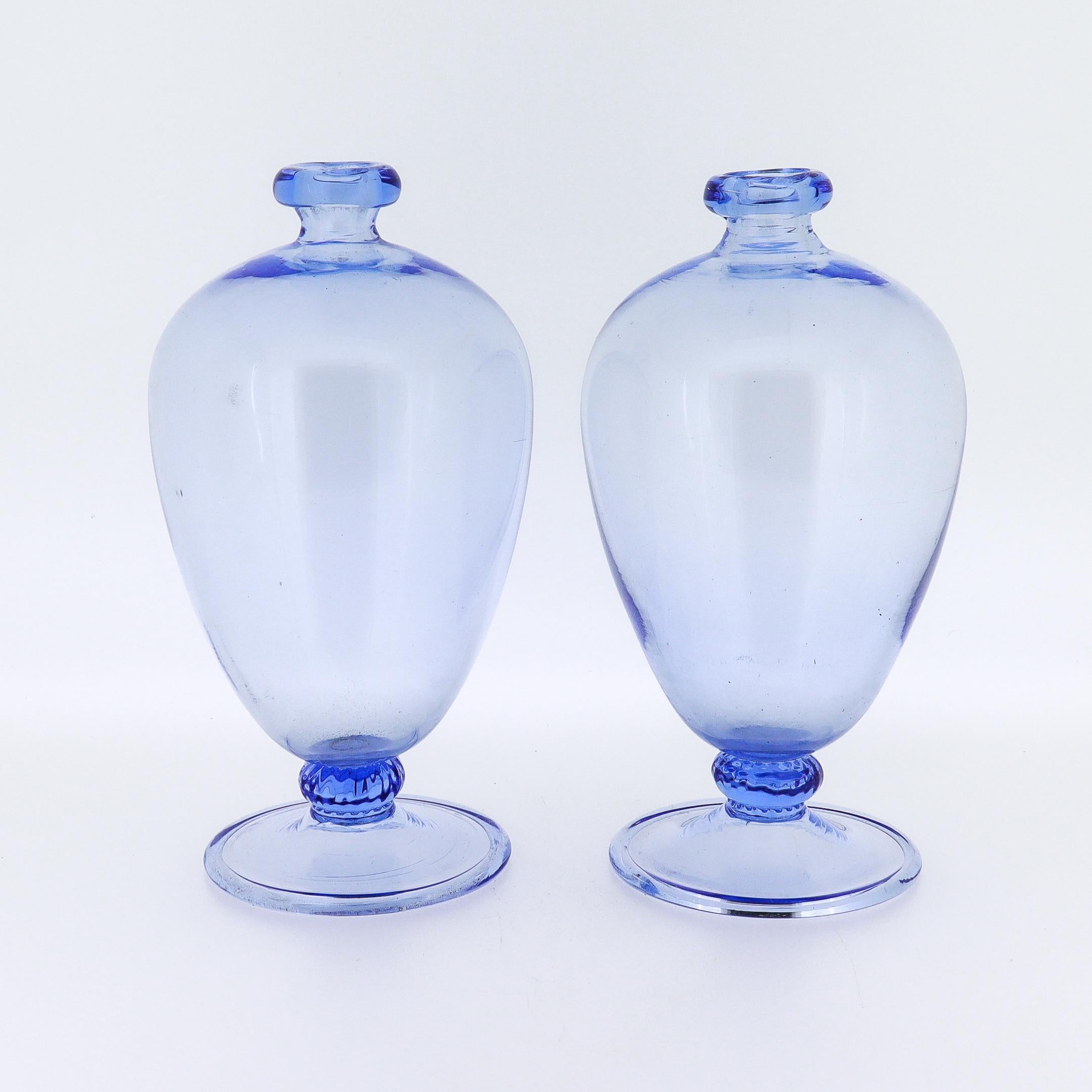 Art Deco Vittorio Zecchin / MVM Cappellin Murano Glass Miniature Blue Veronese Vases Pair For Sale