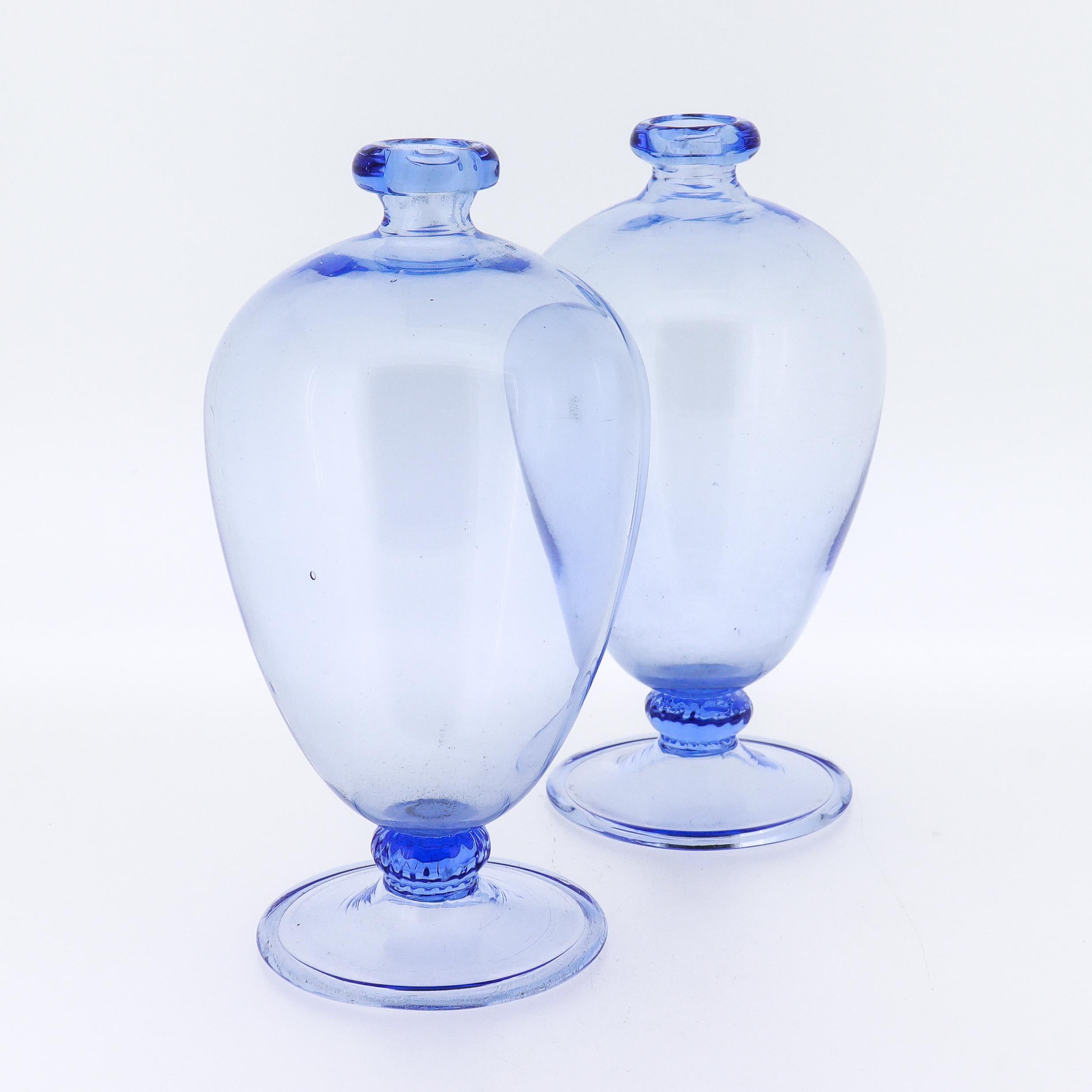 Italian Vittorio Zecchin / MVM Cappellin Murano Glass Miniature Blue Veronese Vases Pair For Sale