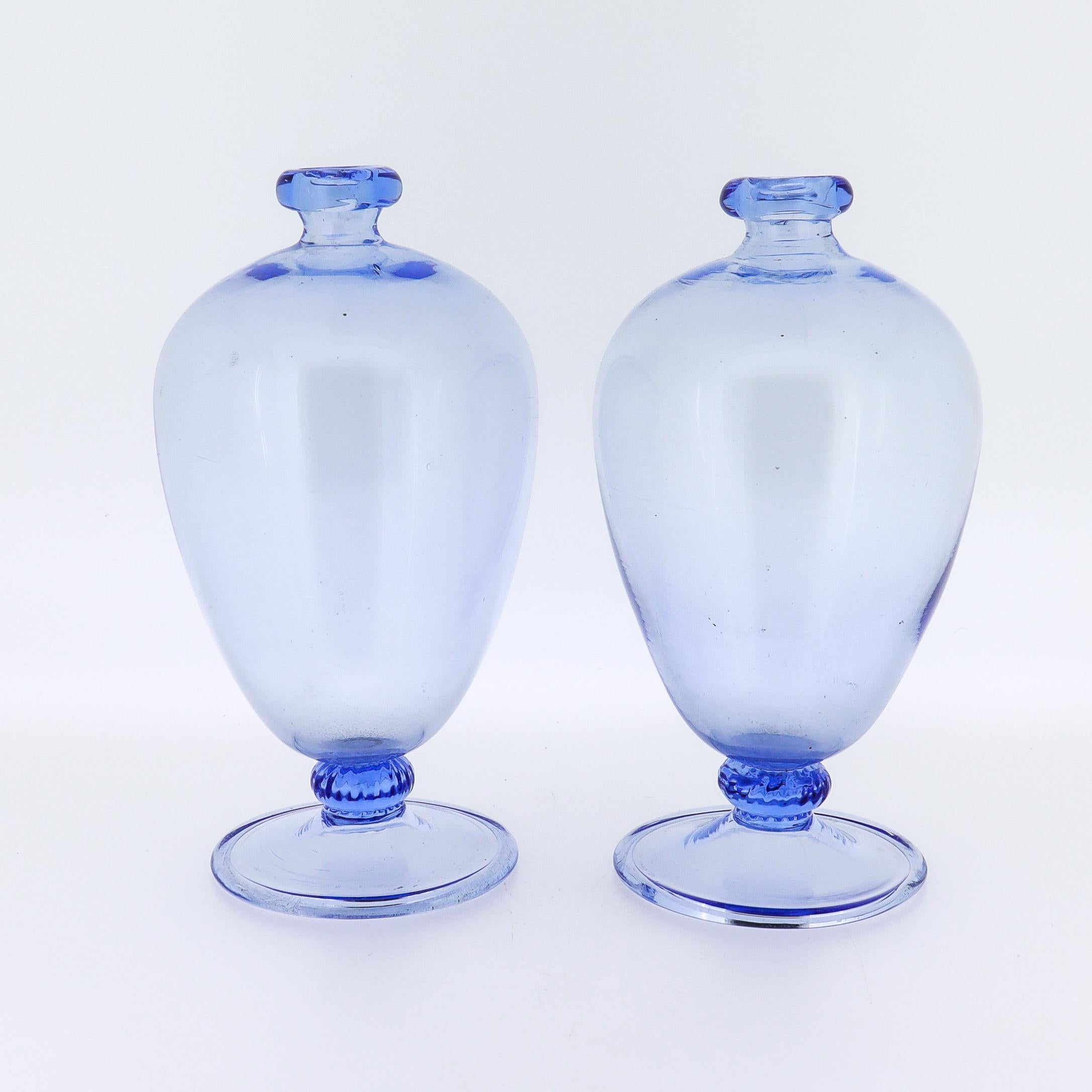 Vittorio Zecchin / MVM Cappellin Murano Glass Miniature Blue Veronese Vases Pair In Good Condition For Sale In Philadelphia, PA