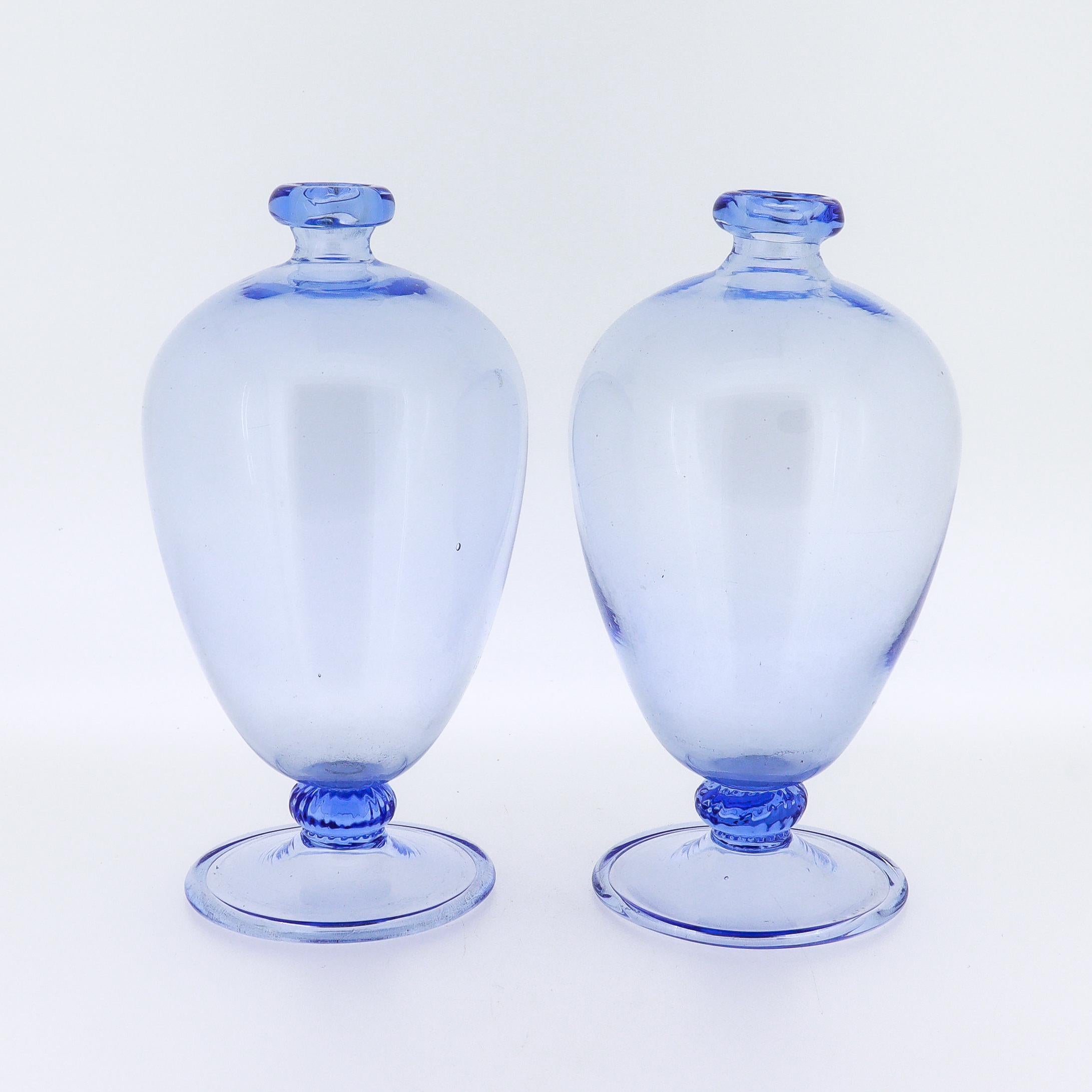 20th Century Vittorio Zecchin / MVM Cappellin Murano Glass Miniature Blue Veronese Vases Pair For Sale