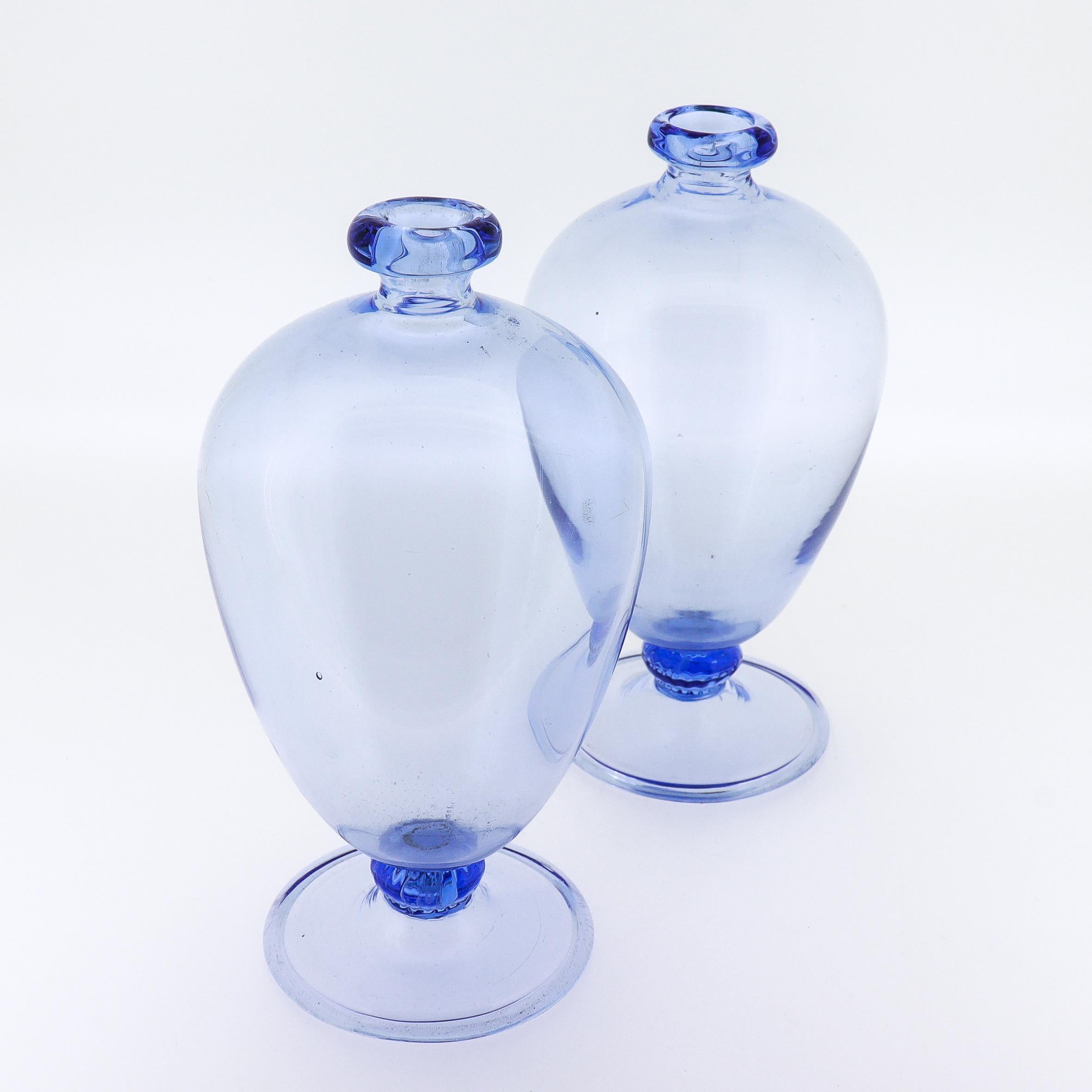 Art Glass Vittorio Zecchin / MVM Cappellin Murano Glass Miniature Blue Veronese Vases Pair For Sale