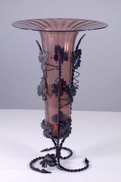 Vittorio Zecchin Venini MVM Art Nouveau Amethyst Murano Glass Wrought Iron Vase