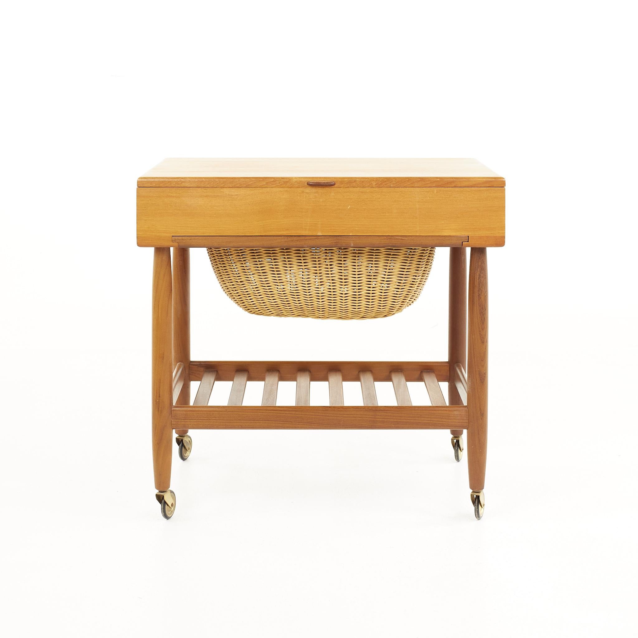 Vitzé mid-century teak sewing table with basket

The table measures: 23.5 wide x 15.75 deep x 23 inches high

All pieces of furniture can be had in what we call restored vintage condition. That means the piece is restored upon purchase so it’s