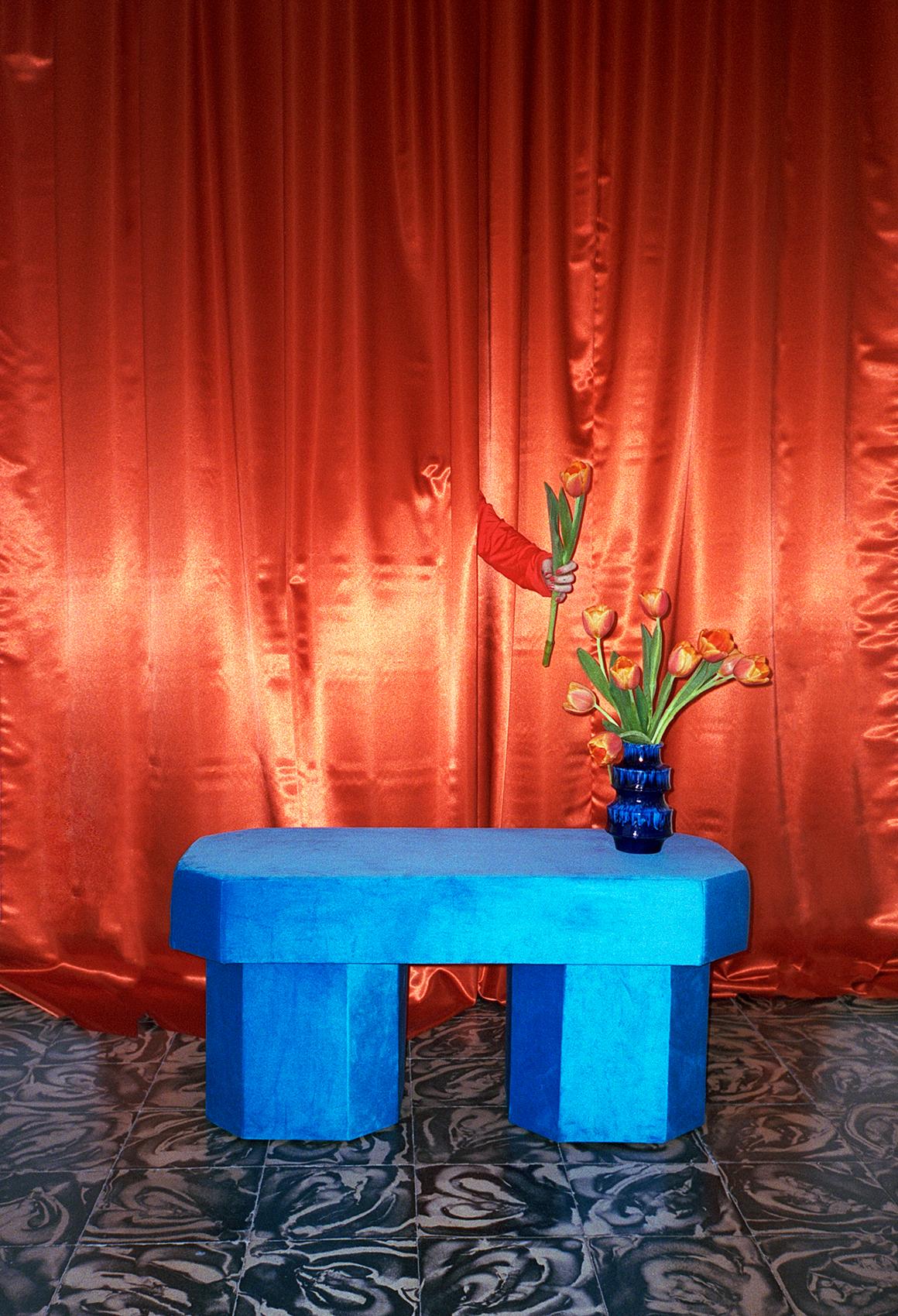 Viva Blue Contemporary Sculptural Velvet Bench by Houtique For Sale 1