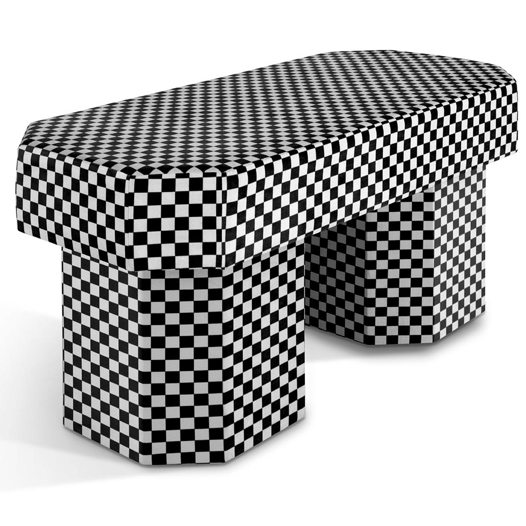 Viva Checkerboard Black White Bench by Houtique
Dimensions: D 100 x W 45 x H 48 cm
Materials: Velvet, Upholstery, Wood
Also available in different colours. Please contact us.

VIVA BENCH.
Designed by Carolina Mico. Made in Spain.
Upholstered bench