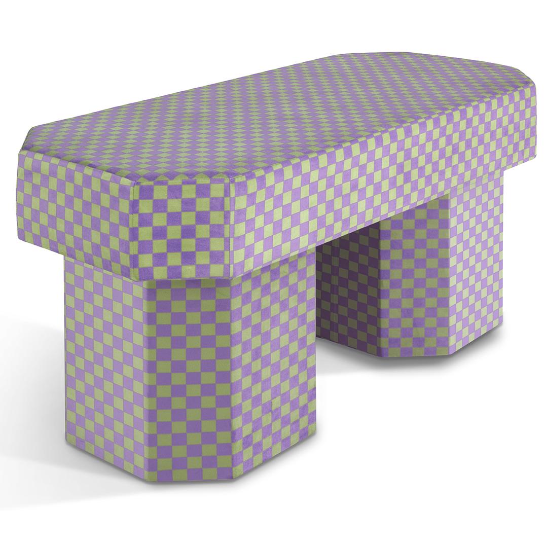 Viva Checkerboard Green and Purple Bench by Houtique
Dimensions: D 100 x W 45 x H 48 cm
Materials: Velvet, Upholstery, Wood
Also available in different colours. Please contact us.

VIVA BENCH.
Designed by Carolina Mico. Made in Spain.
Upholstered