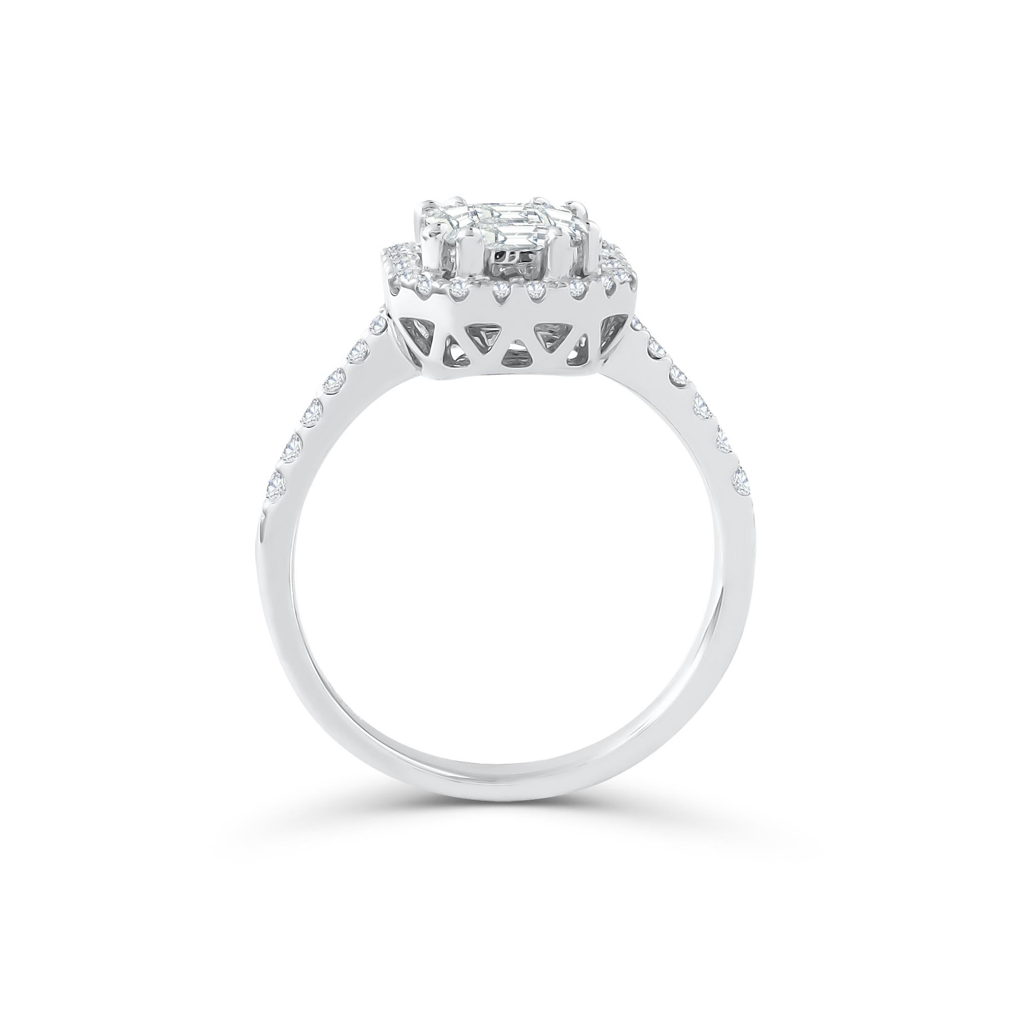 Art Deco 18 Karat White Gold Emerald Cut Brilliant Diamond Engagement Ring For Sale