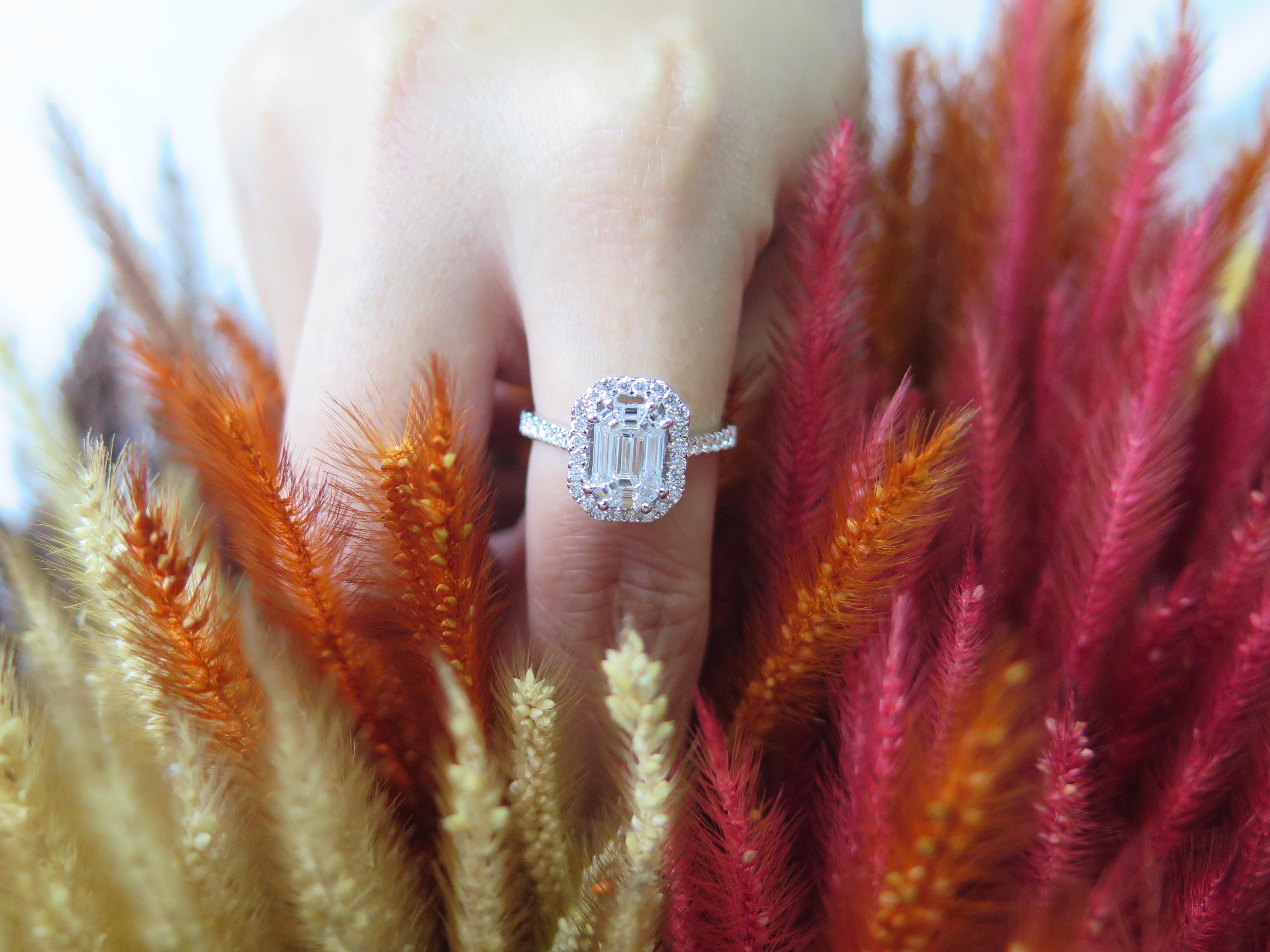 18 Karat White Gold Emerald Cut Brilliant Diamond Engagement Ring For Sale 1