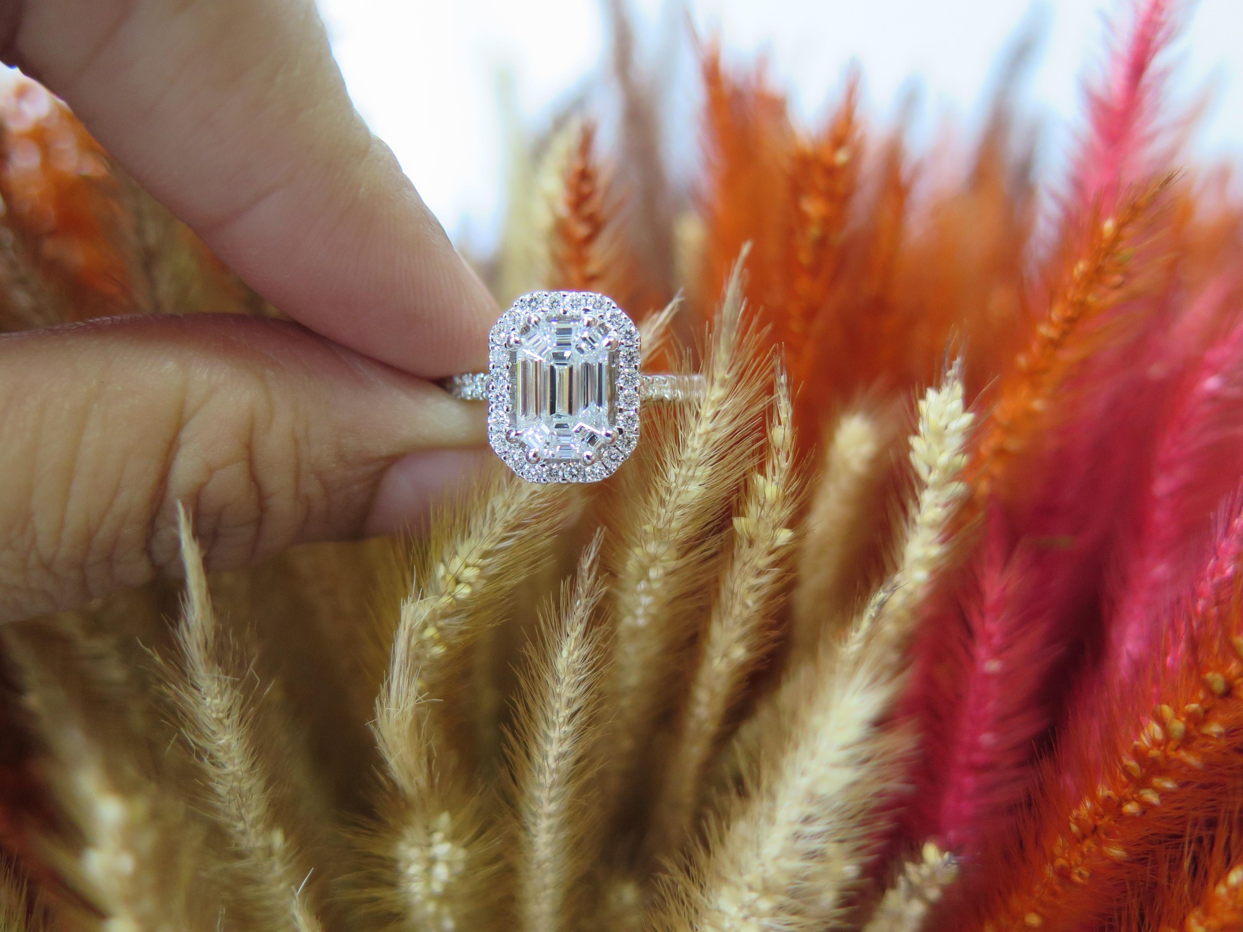 18 Karat White Gold Emerald Cut Brilliant Diamond Engagement Ring For Sale 2