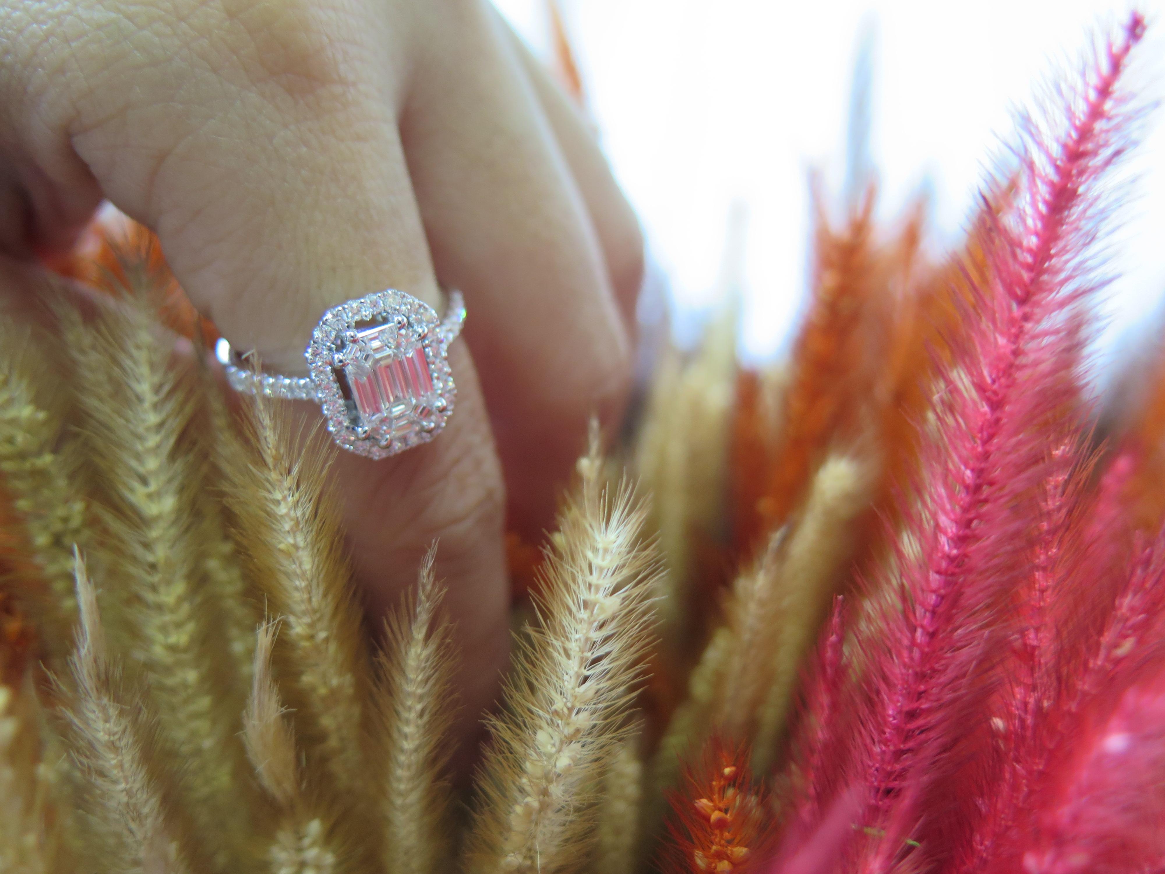 18 Karat White Gold Emerald Cut Brilliant Diamond Engagement Ring For Sale 3